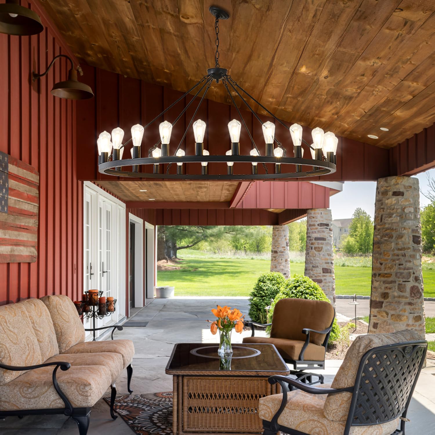 53    Large Farmhouse Wagon Wheel Chandelier,Black Rustic Chandelier 24-Lights,Round Dining Room Light With Adjustable Height,In