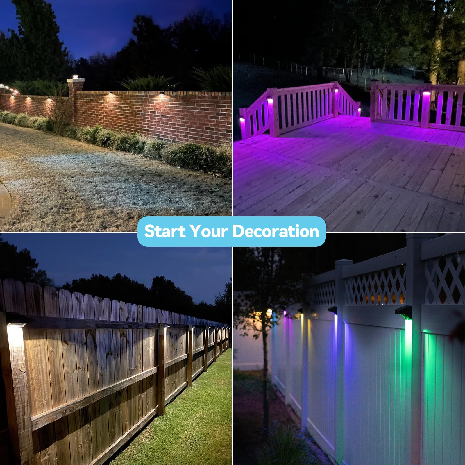 Bridika Solar Fence Lights - 8 Pack Waterproof Warm & RGB LED Outdoor Wall Lights, Model QS31012 for Backyard, Patio, Deck, Pool