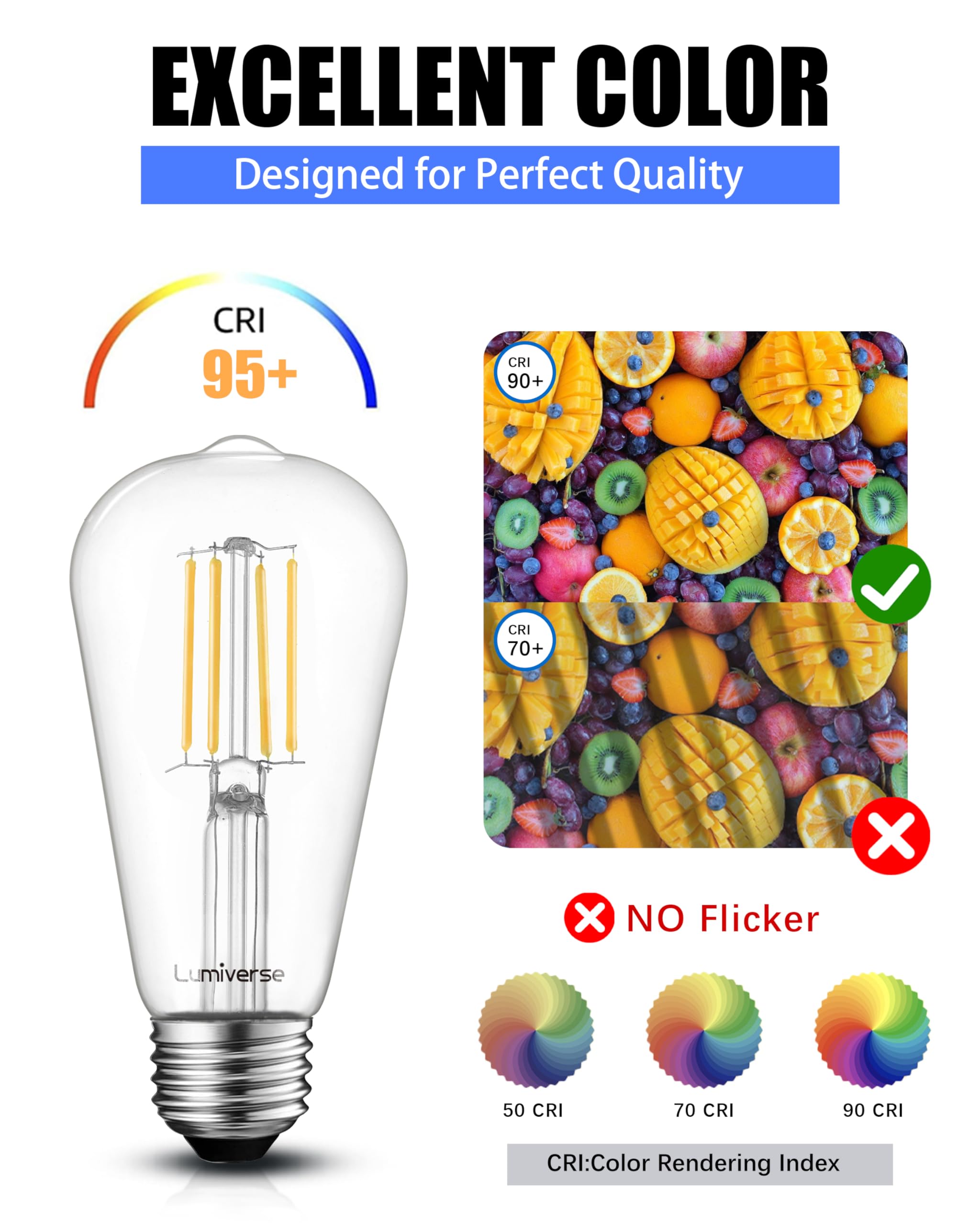 Lumiverse Vintage LED Edison Bulbs, 5.5W Dimmable, 4000K Cool White, E26 Base, Glass, 6 Pack