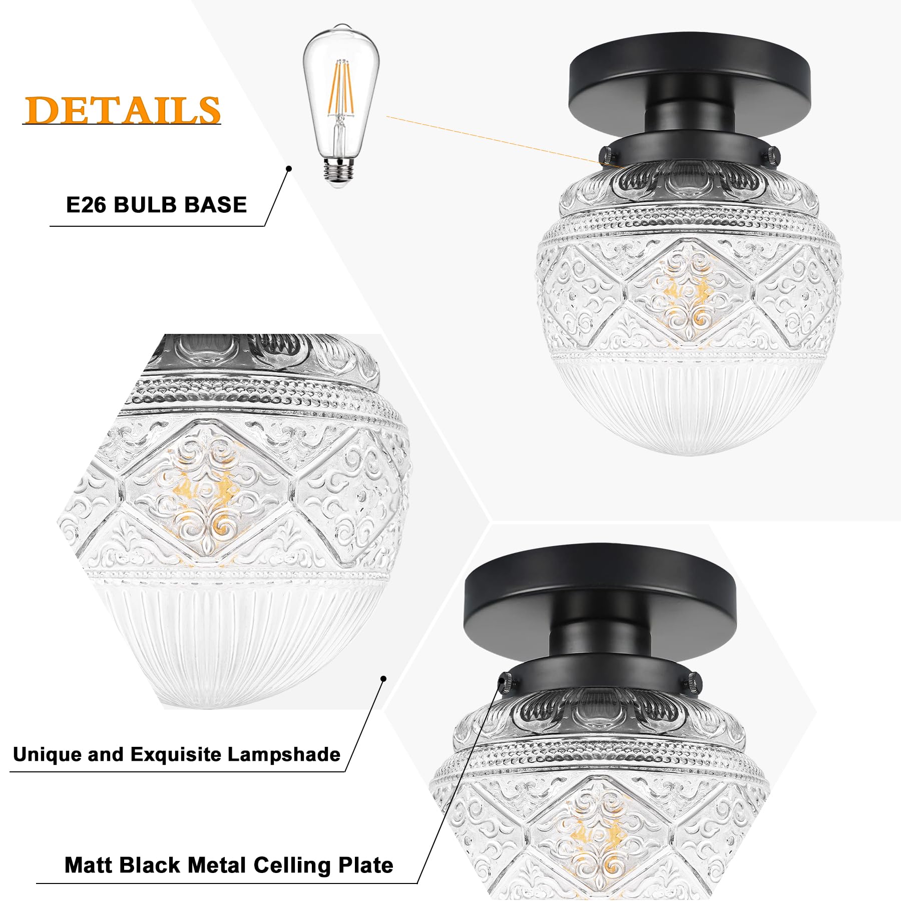 Apoto 2 Pack Semi Flush Mount Ceiling Light Fixture Black,Small Hallway Light Fixtures Ceiling,Vintage Globe Glass Close To Ceil