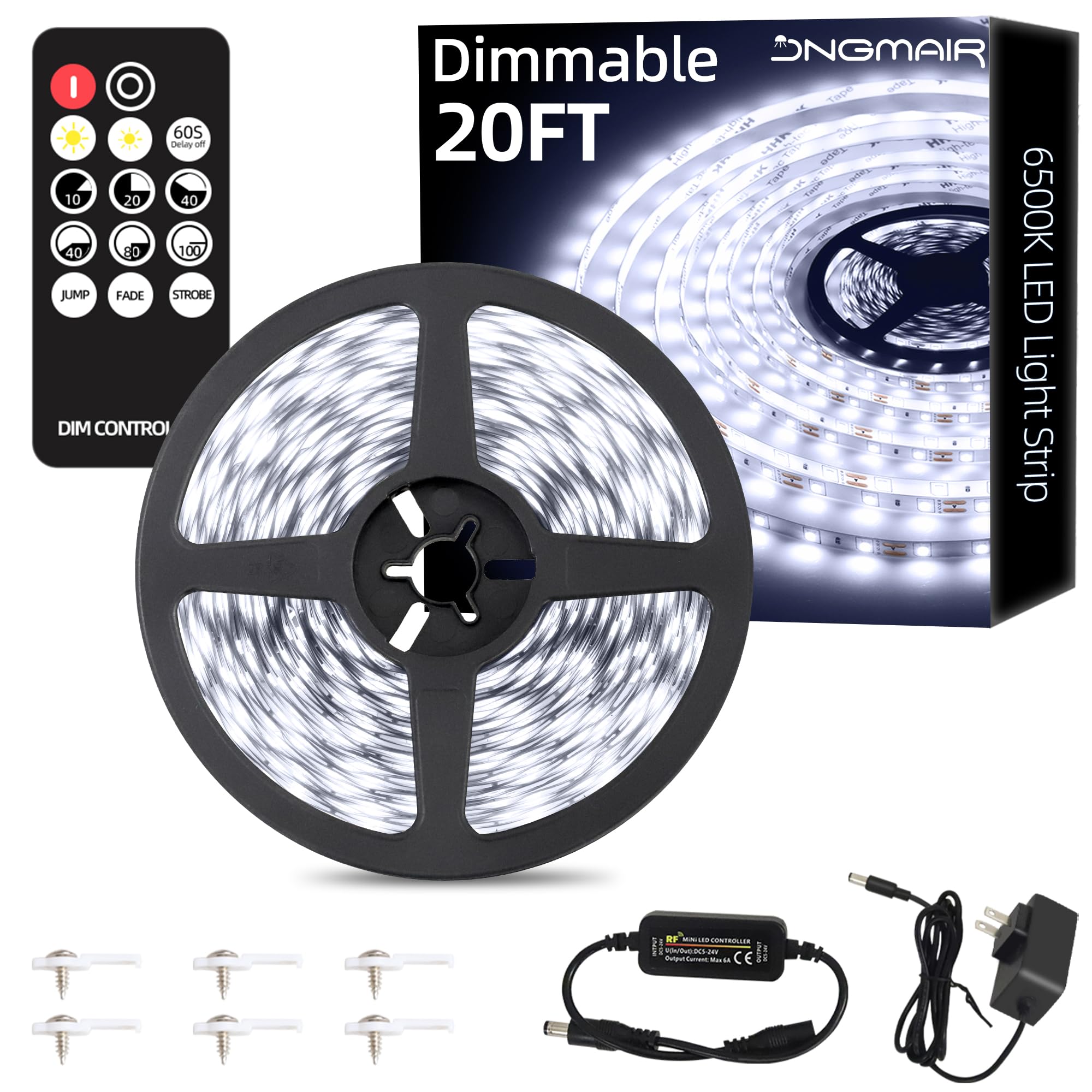JNGMAIR 20ft LED Band Lights with Remote  6500K Daylight White Dimmable Tape Lights  12V 360 LEDs 2835 Strong Adhesive Rope Lights for Cabinet Kitchen Ceiling Closet Vanity Mirror Stairway Basement