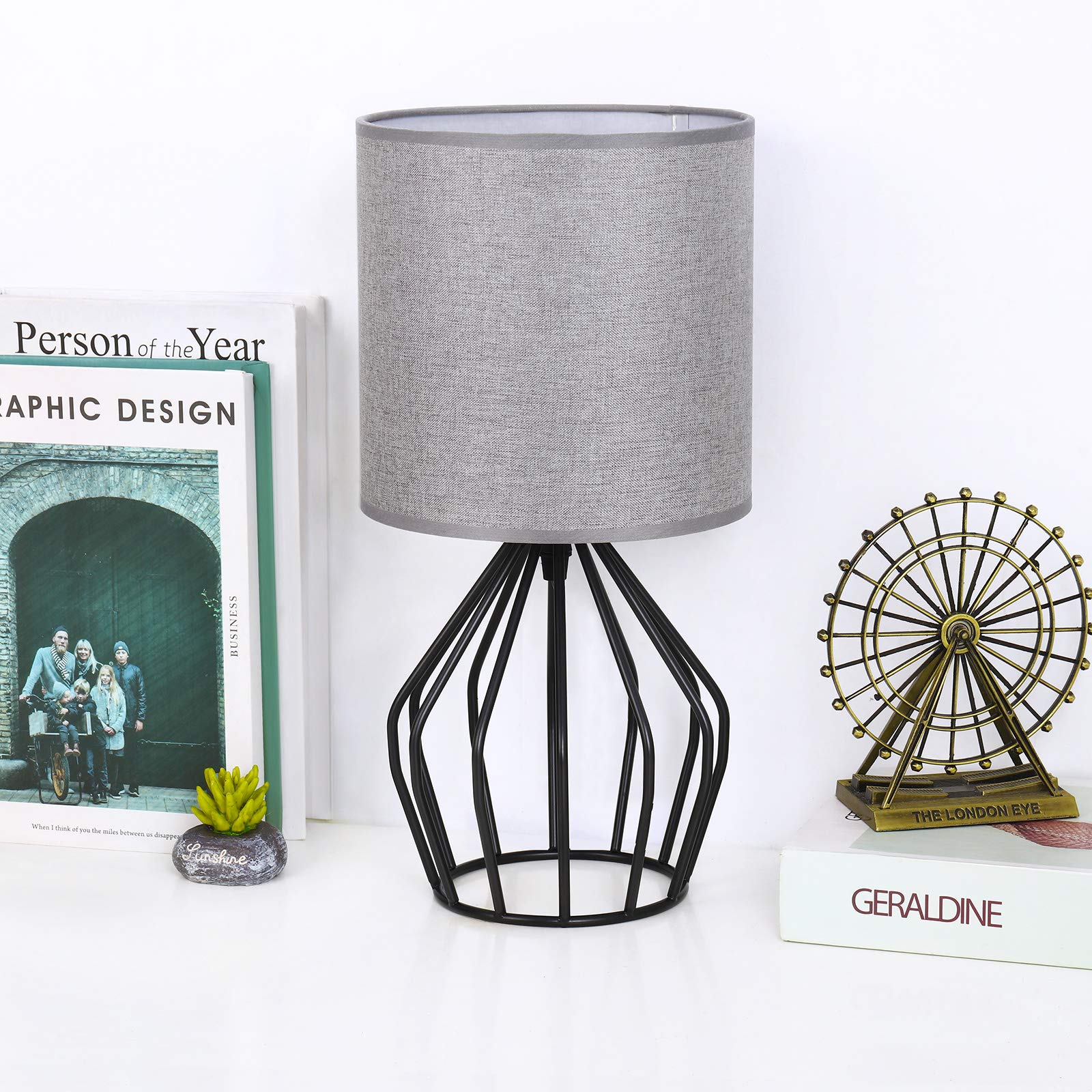 Haitral Farmhouse Table Lamp - Small Gray Metal Cage Nightstand Lamp, 14.6X7.09X6.3, Model Ht-Btl47