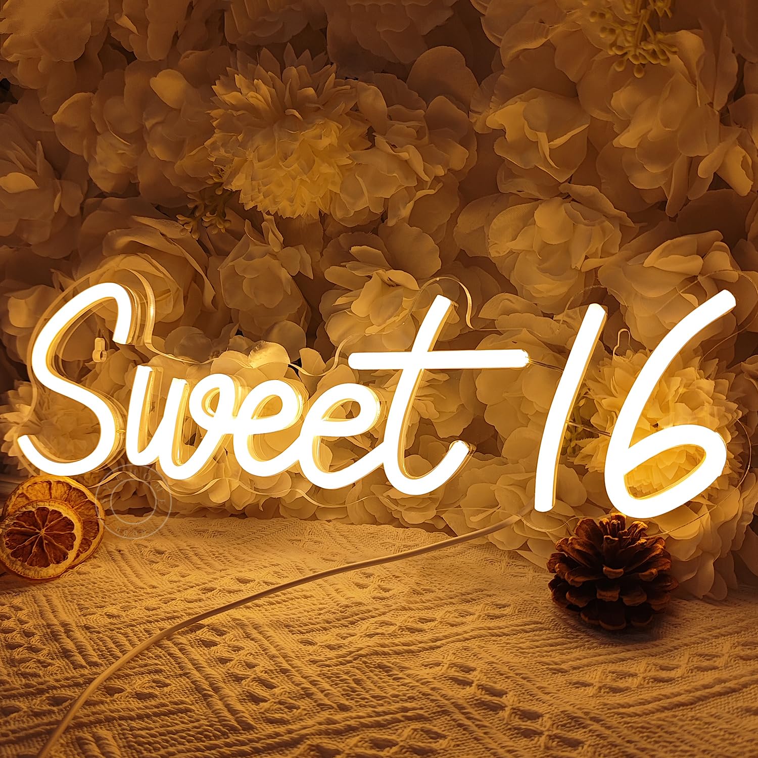 SYLHOME LED Neon Light Sign for Sweet 16 Birthday, Warm White, 15.75in x 5in, Acrylic, Model NS-ZF5VD-Sweet1602-WW