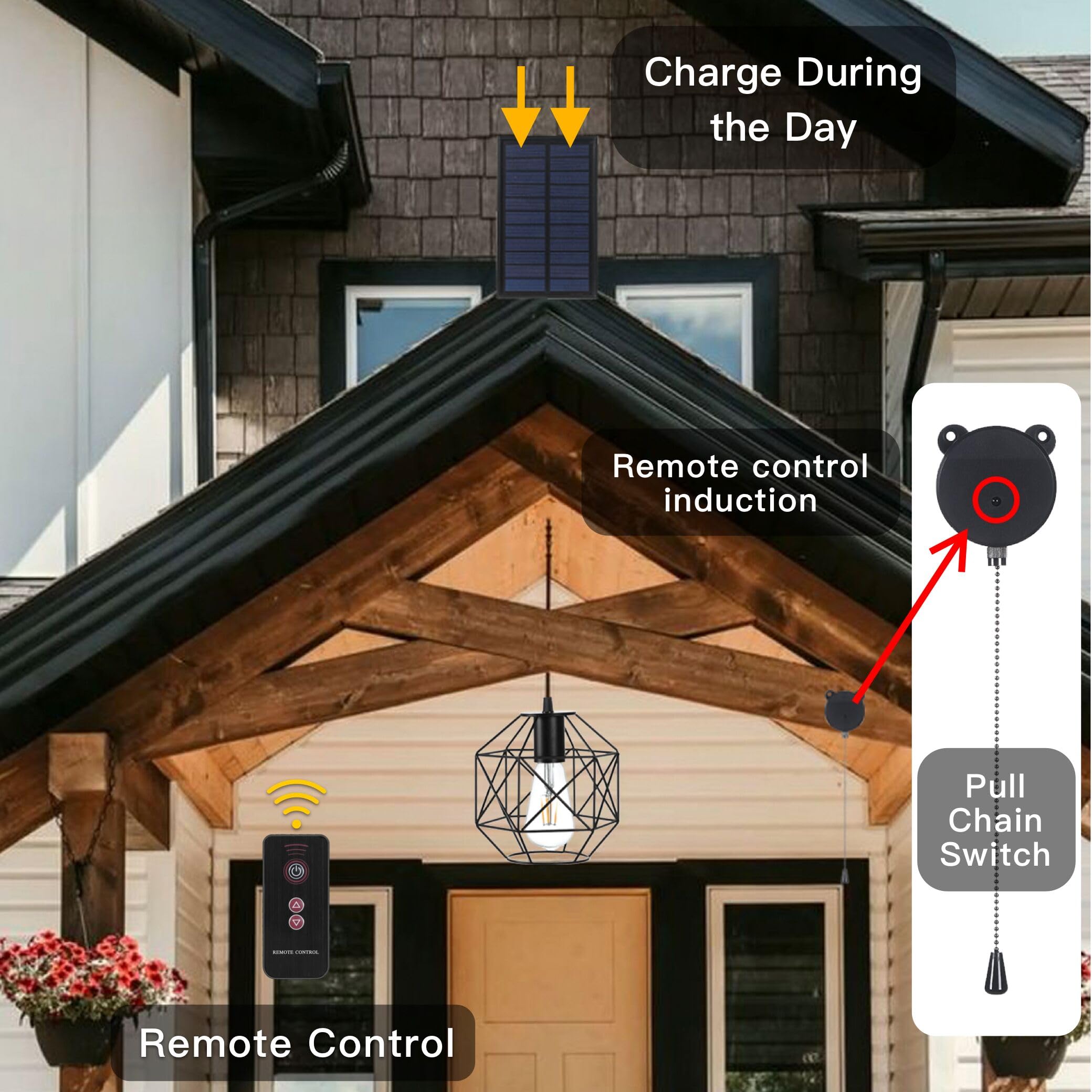 Aofuery Solar Pendant Lights - Black Solar Powered Chandelier for Outdoor Gazebo, Shed, Indoor Use with Pull Cord - Lantern Size