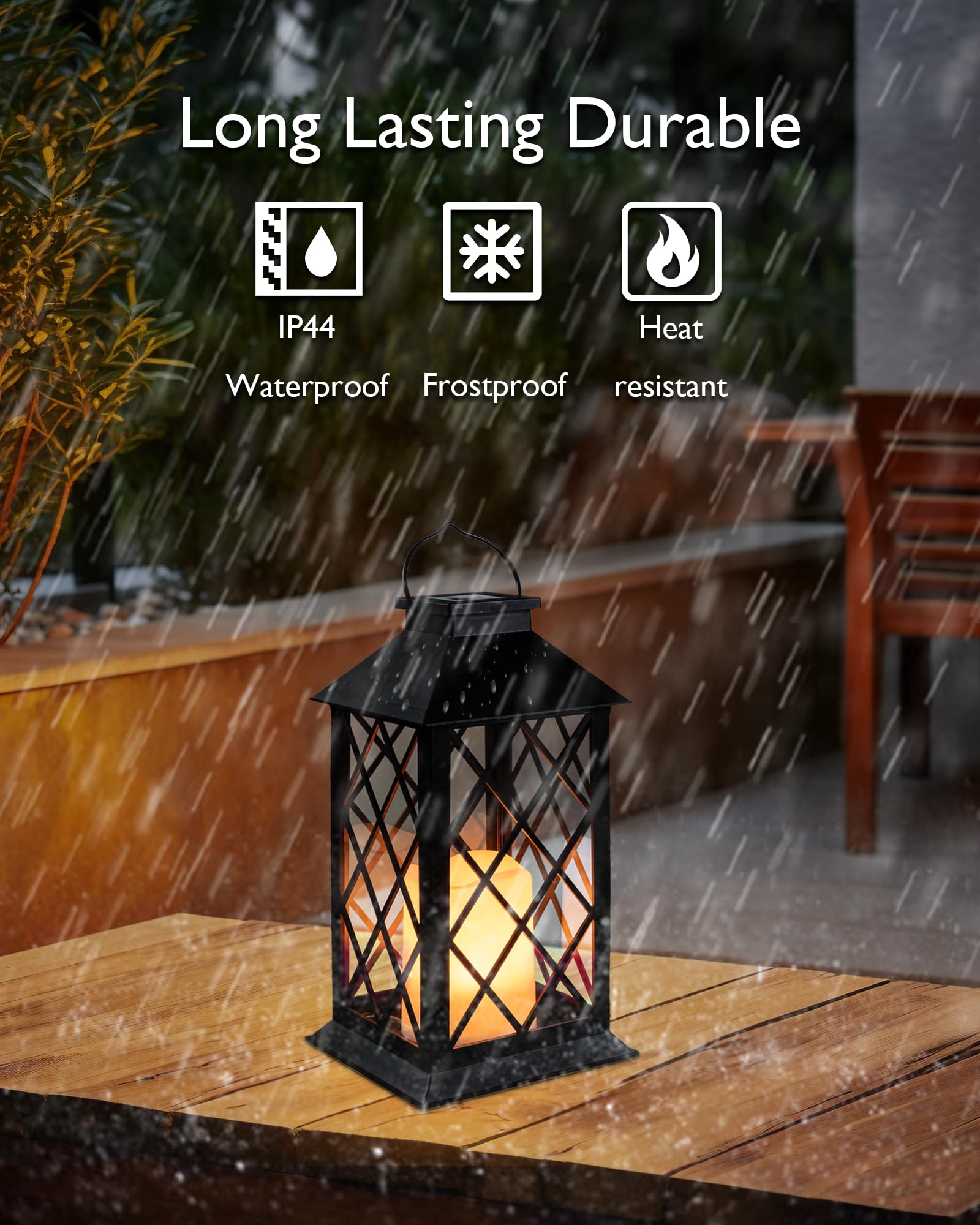 Homemory Solar Lanterns - 2 Pack Outdoor Waterproof Hanging Lanterns with Flameless Candles, 13'' Black Heavy-Duty ABS & Glass