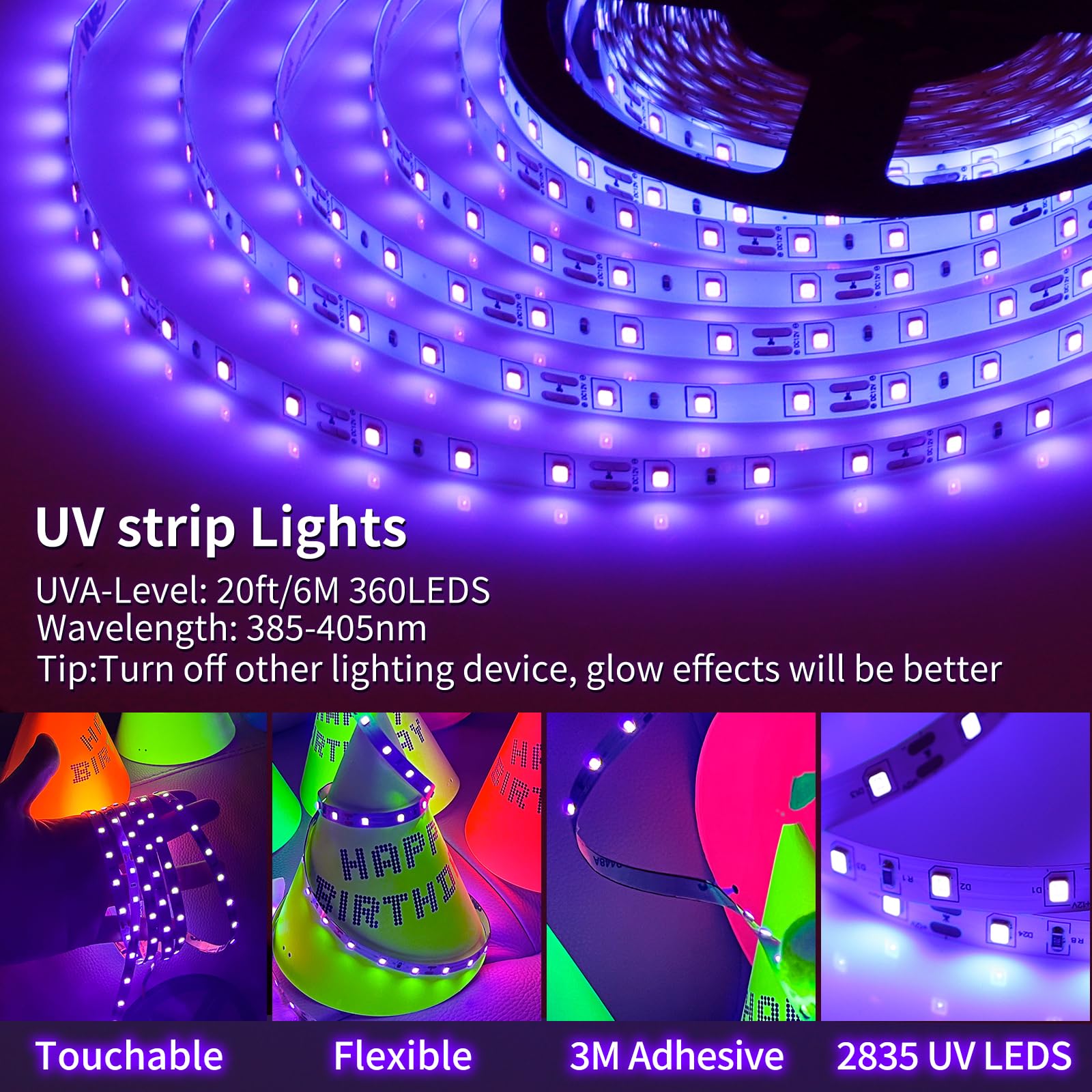 Tigqiang 20Ft Led Black Light Strip, Flexible Purple Light For Indoor Parties, 360 Lamp Beads, Non-Waterproof