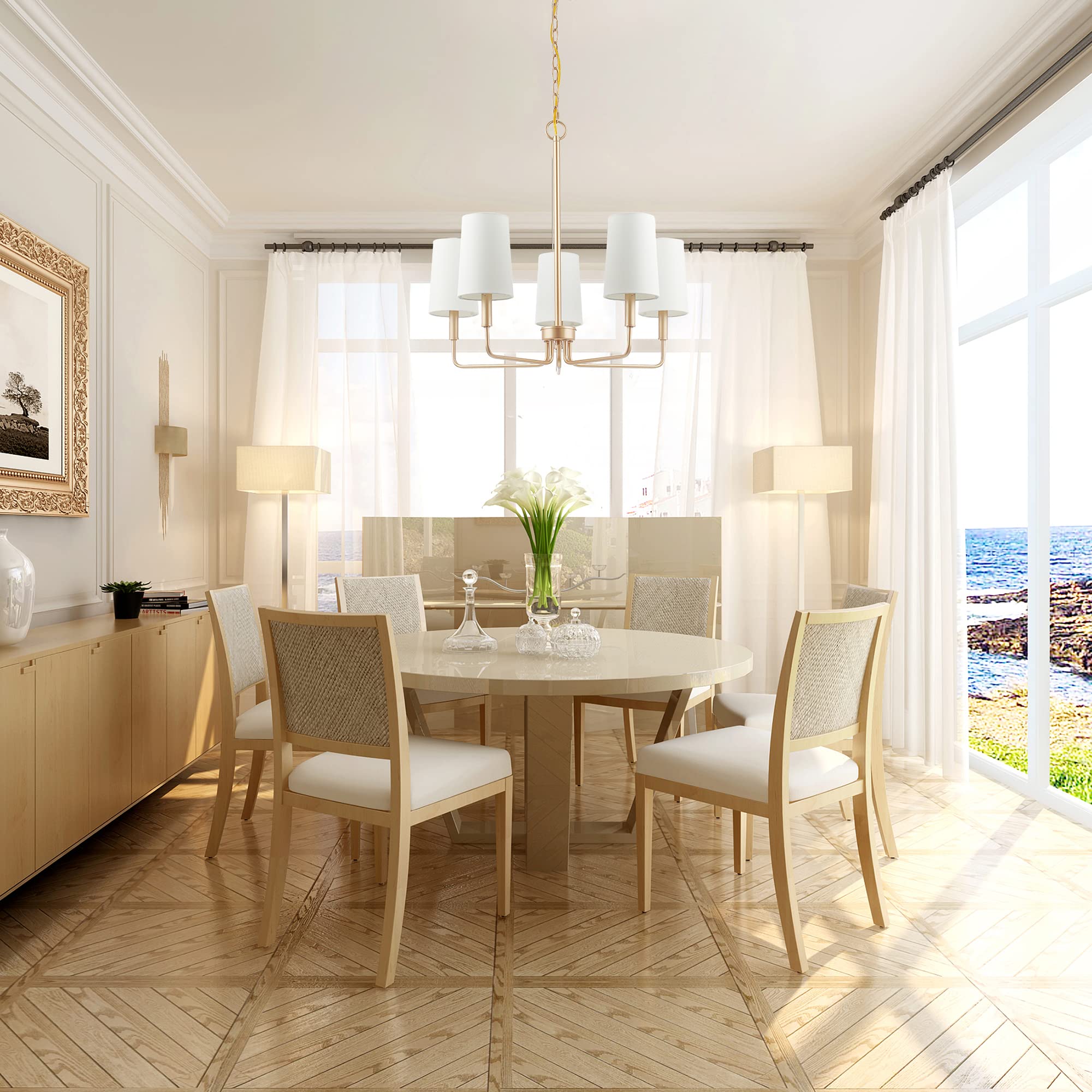 Homebelife 5-Light Chandelier, Muted Gold with White Fabric Shade, Farmhouse Linear Island Lighting Fixture for Kitchen, Model HBL014