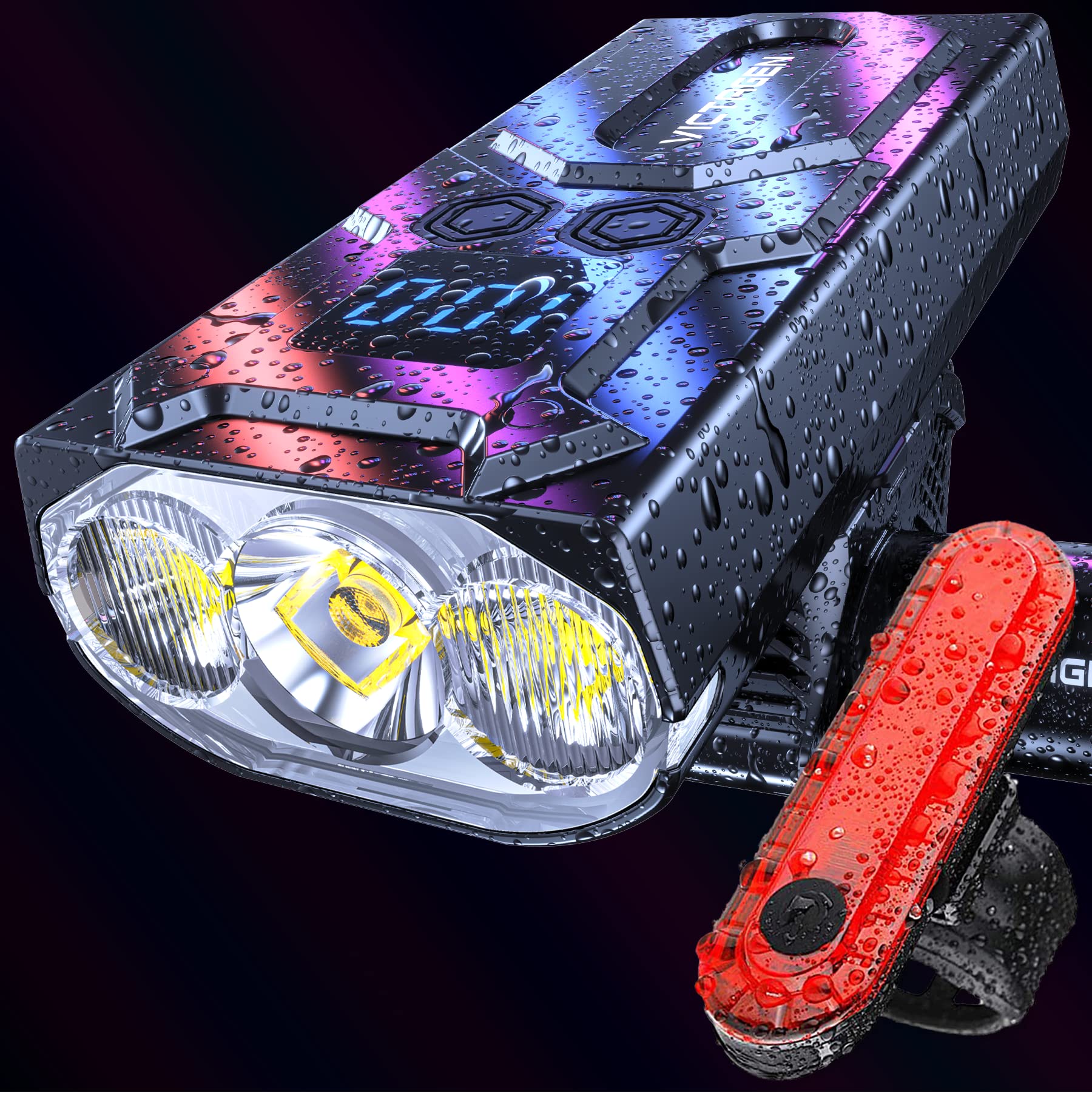 VICTAGEN 8000 Lumen Bike Lights - Super Bright 3 LED Headlight, Type-C Rechargeable, VTG8 Shield, Handle Size 0.86-1.26 inch,