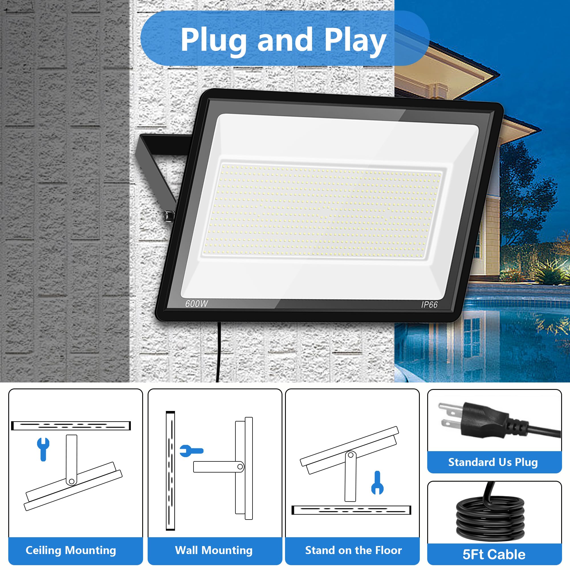2 Pack 600W Led Flood Lights Outdoor (3000W Equivalent)  66000Lm 6000K Daylight White Super Bright Security Arena Light With Plug  Ip66 Waterproof Commercial Lighting For Yard  Courts  Stadium