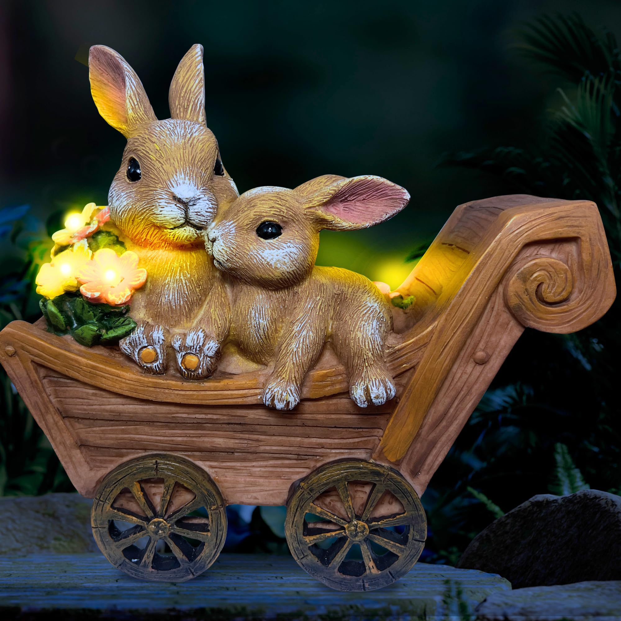 PRETMANNS Solar Bunny Garden Statue Outdoor Decor with Lights - Rabbit Garden Statues for Outside Yard Patio - Whimsical Animal 