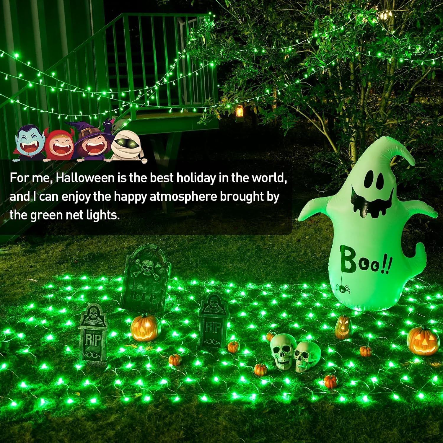 JMEXSUSS Green Christmas Net Lights 360 LED 12ft x 5ft, 8 Modes, Remote, Connectable, Transparent Wire