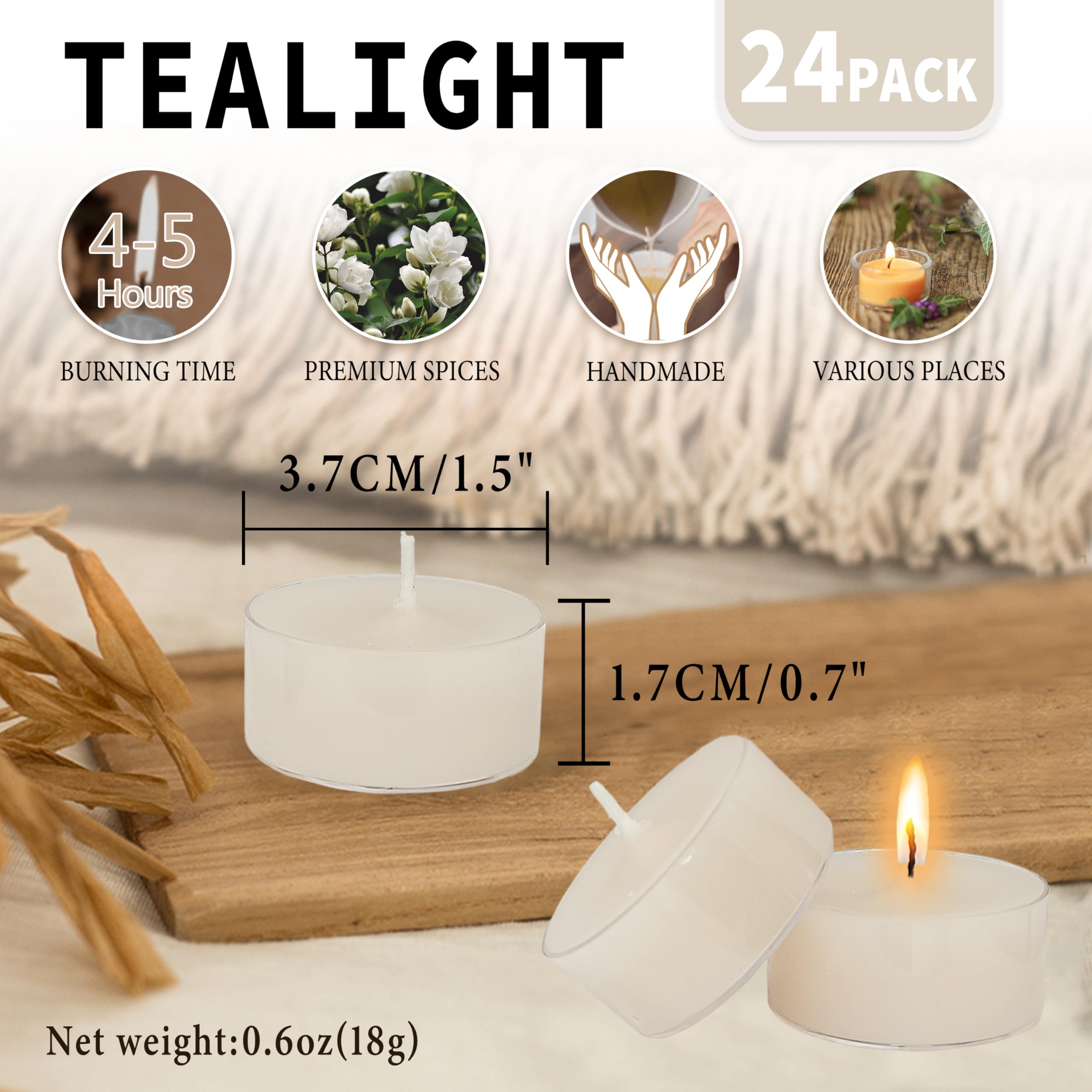FCMSHAMD Jasmine Scented Tealight Candles, White, Paraffin Wax, 1.5x0.7 In, 24 Pack, 6 Hour Burn Time