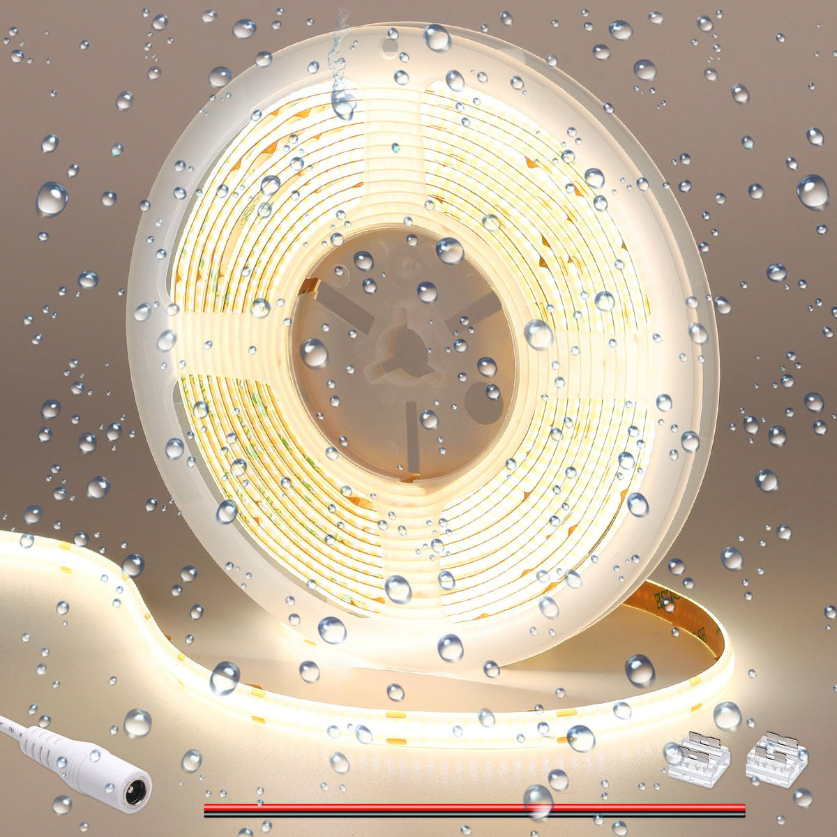 GOMING DC 12V COB LED Strip Light Natural White 4000K IP65 Waterproof 16.4ft(5M) 1560LEDs CRI 93+ Uniform Glow Flexible LED Tape