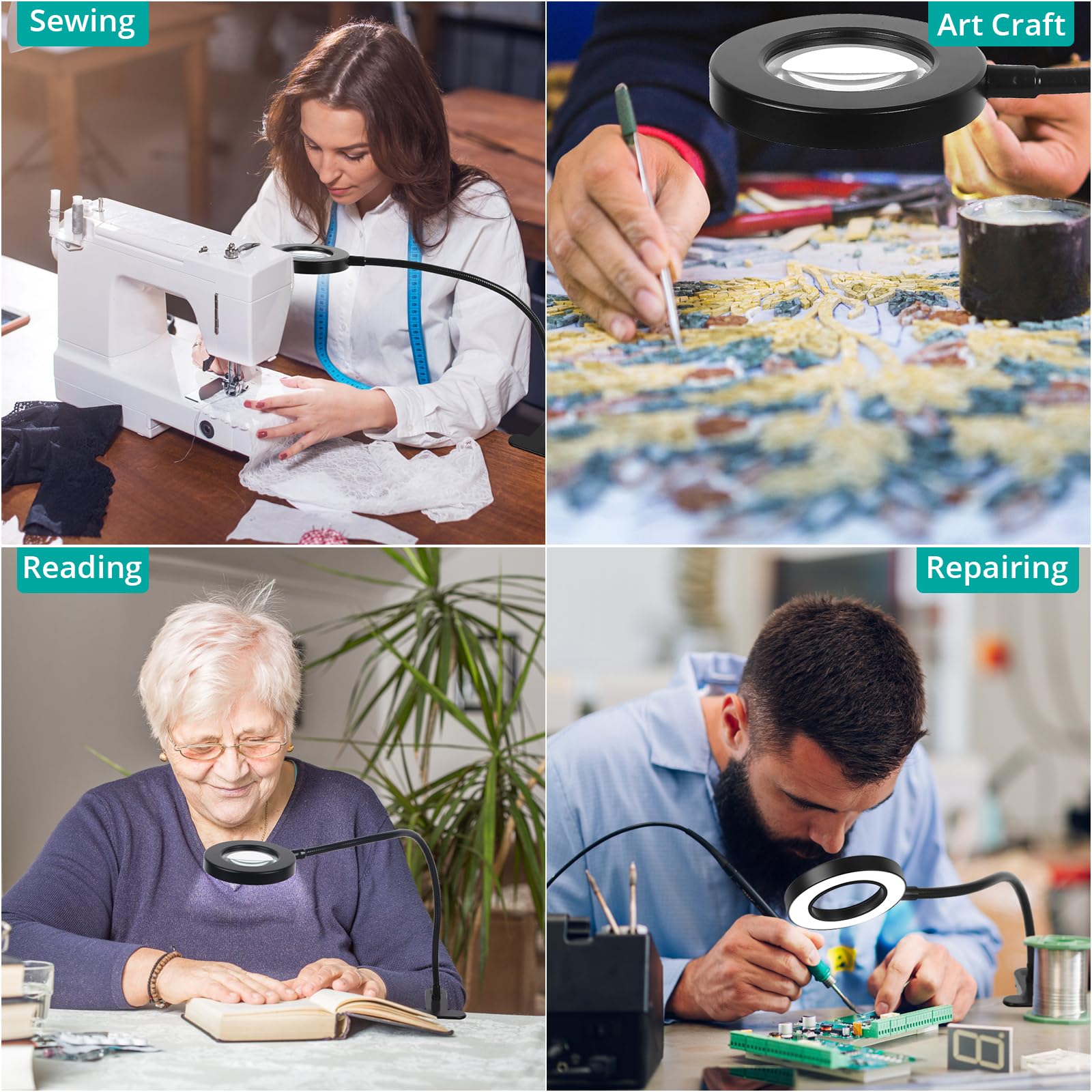 Desk Clip On Lamp With 5X Magnifying Glass, 10 Dimmable Brightness, 3 Modes, 5V 2A Adapter, Clamp Light For Reading, Craft, Pain