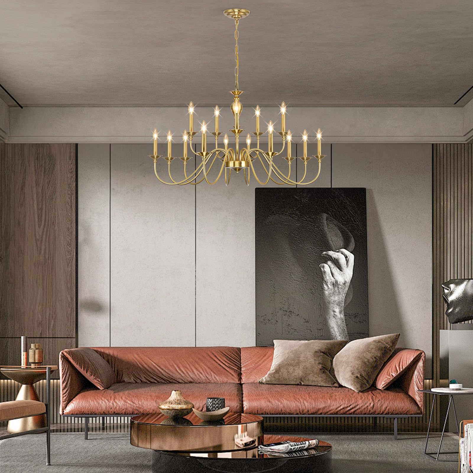 15 Light Gold Chandeliers For Dining Room Light Fixtures Over Table, Large Farmhouse Chandelier For Living Room , Industrial Can