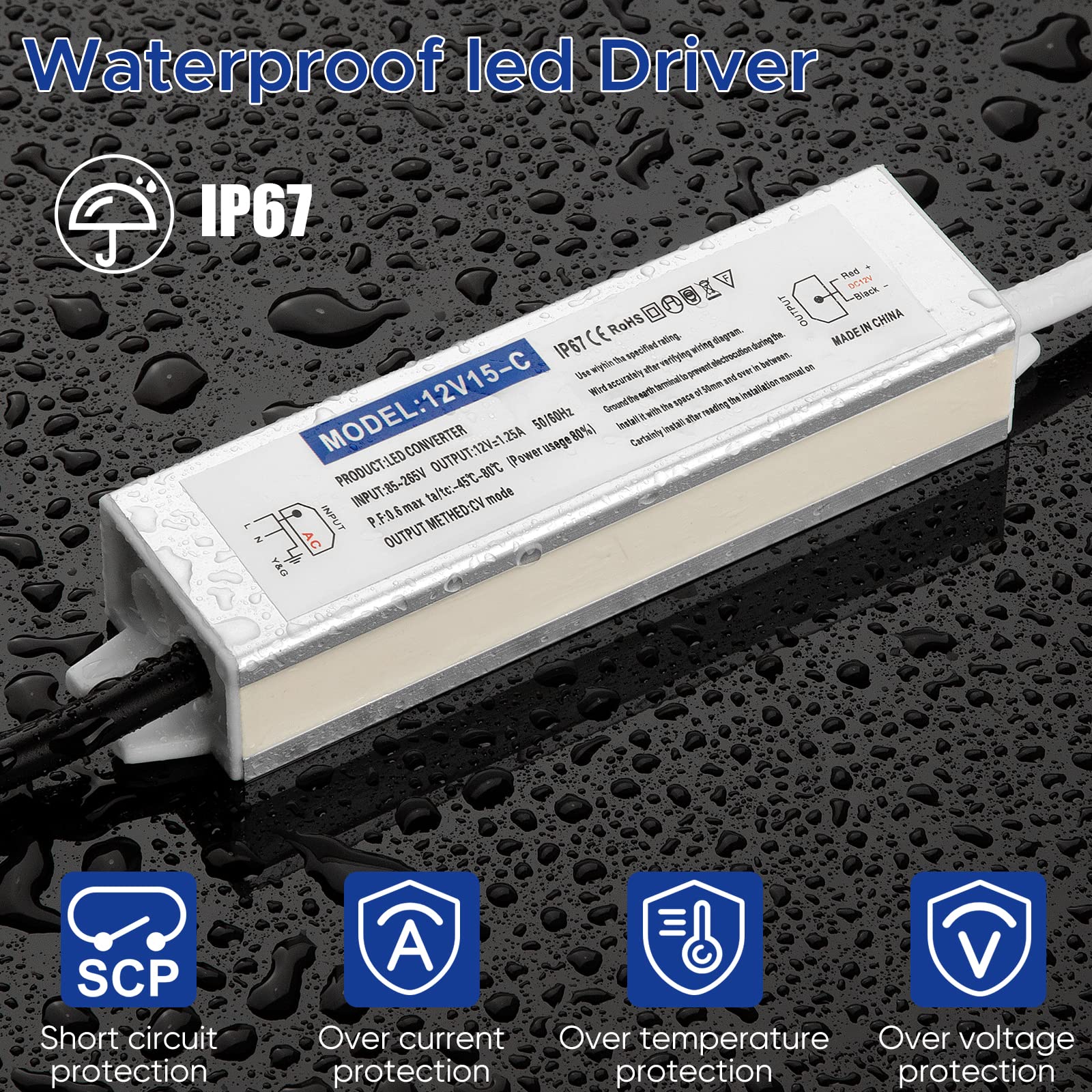 Karyoosi 12V 15W Waterproof LED Driver Power Supply, IP67, 110V AC to 12V DC, Silver for Indoor/Outdoor Lighting Applications