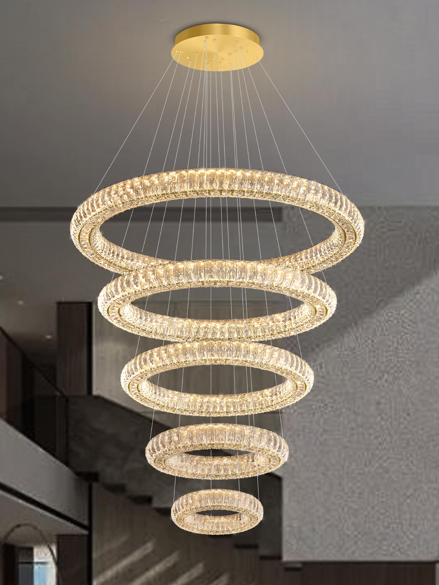 IDEQUY Modern Crystal Chandelier Lighting  Gold 5 Ring LED Ceiling Lights Fixtures for High Ceiling Foyer  D8+15.7+23.6+31.5+39.4