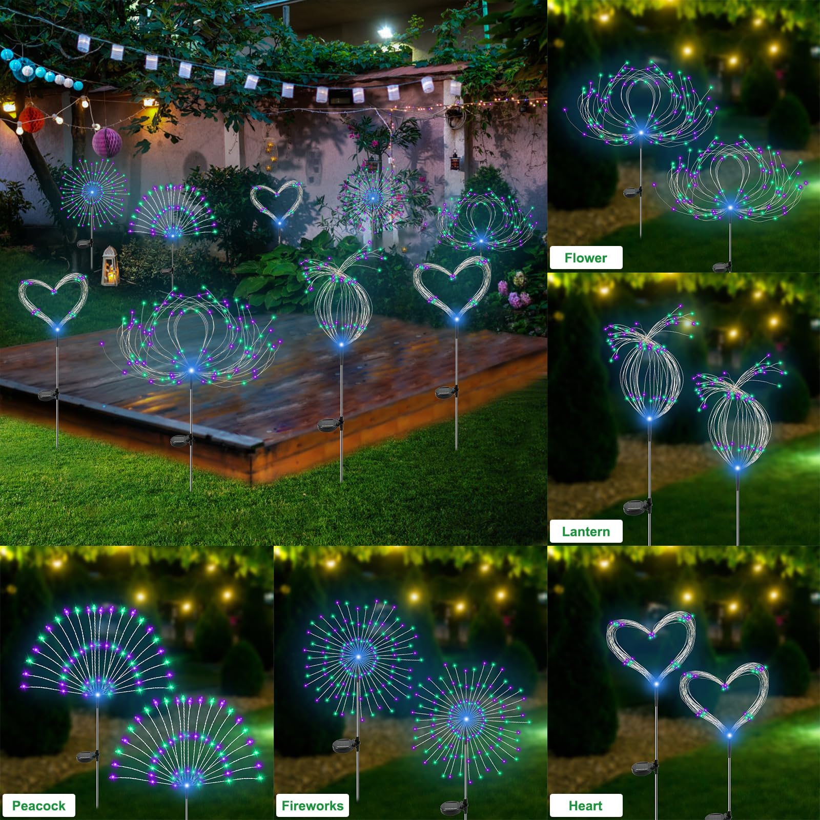 Slyuexu Solar Firework Lights, 120 LED, Waterproof, 2 Pack, Green + Purple, Model YF00016, Decorative Garden Décor