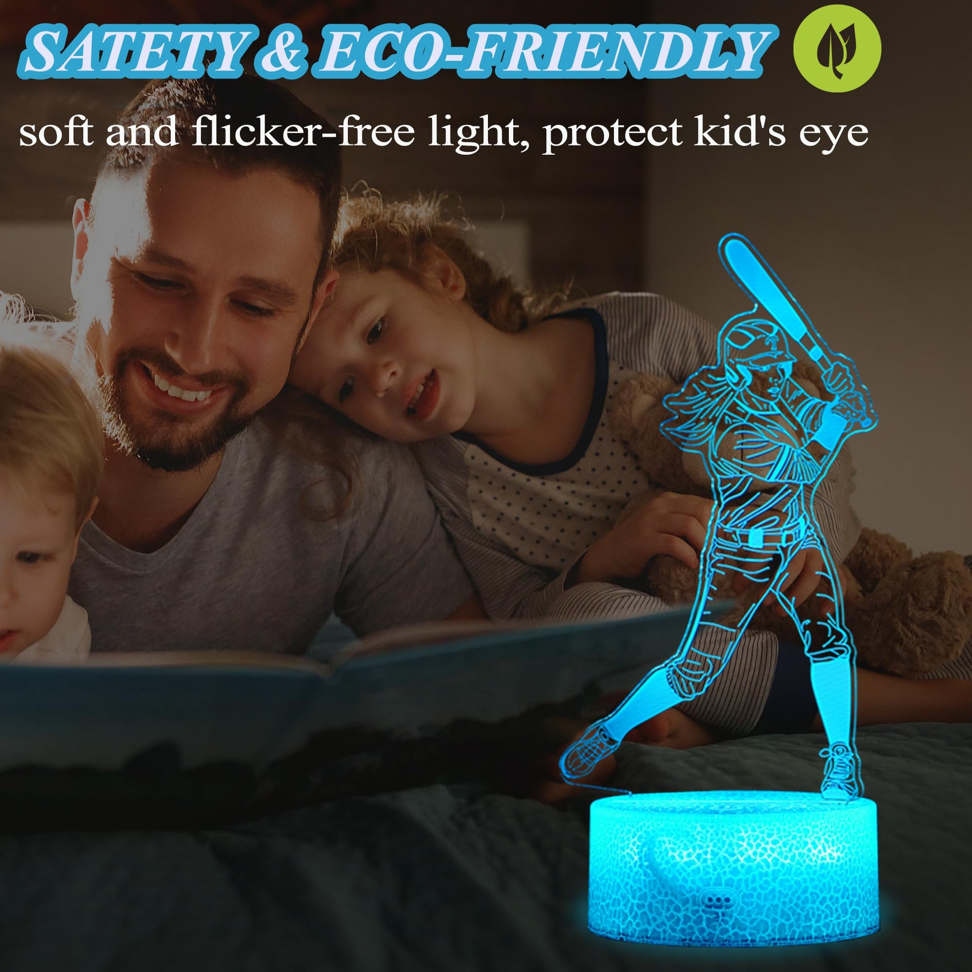 Posshe Baseball Night Light, Baseball Gifts, Girl Baseball 3D Illusion Lamp With 16 Colors Changing, Remote Control And Dimmable