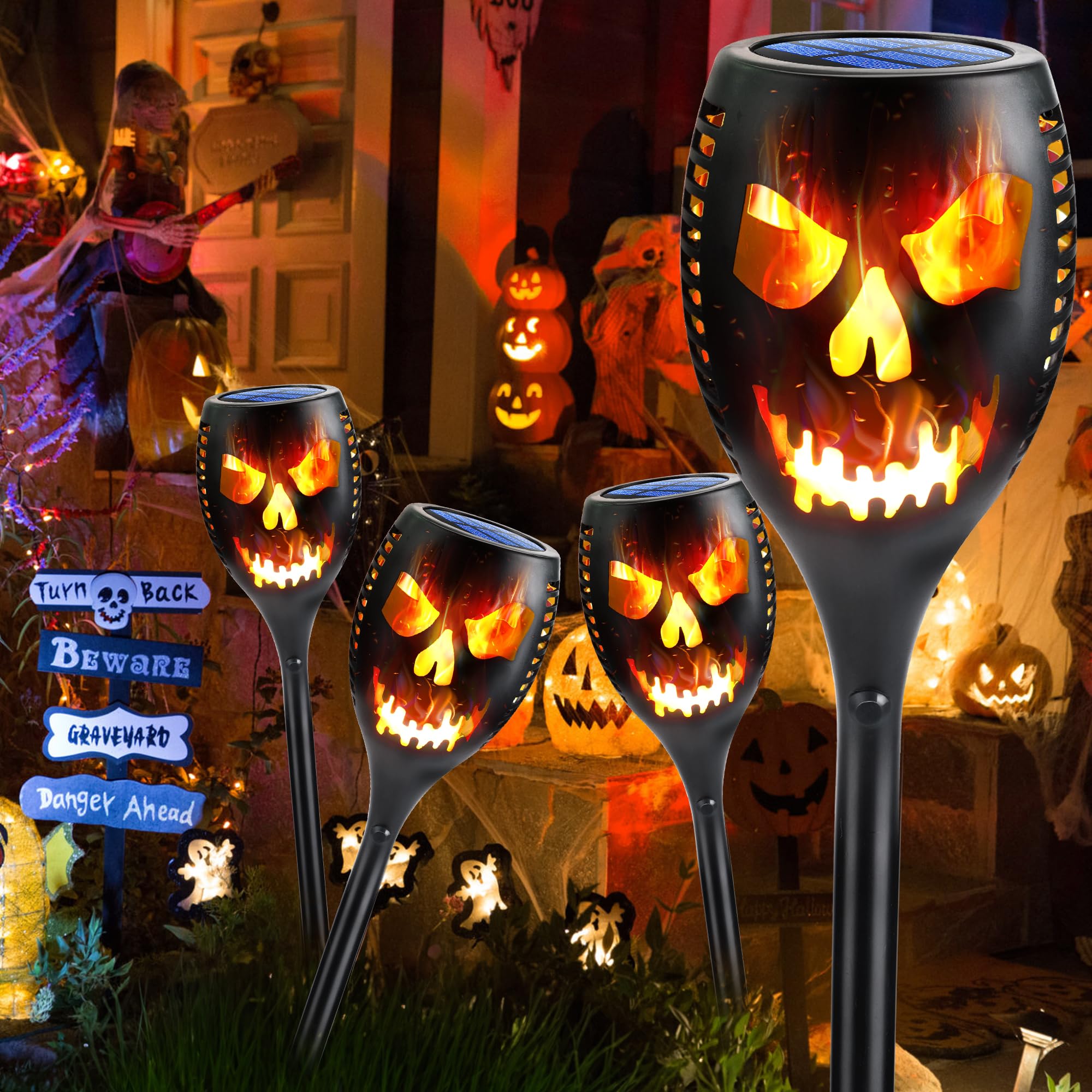 Toodour Solar Halloween Lights Outdoor, 4 Packs Super Larger Size Solar Torch Light With Flickering Flame, Waterproof Led Flame