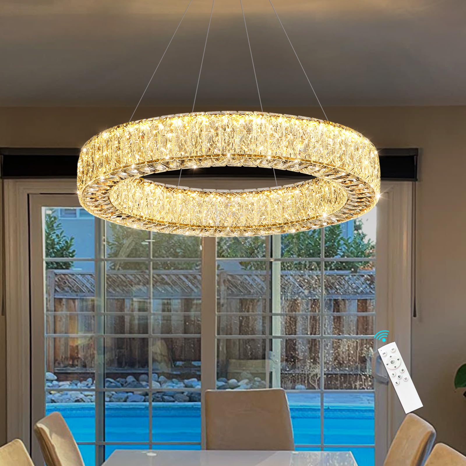 YLKP 24 Inch Chandelier Glam Dimmable Crystal Chandeliers Elegant Remote Ceiling Pendants Lighting Fixtures for Dining Room Bedrooms Gold