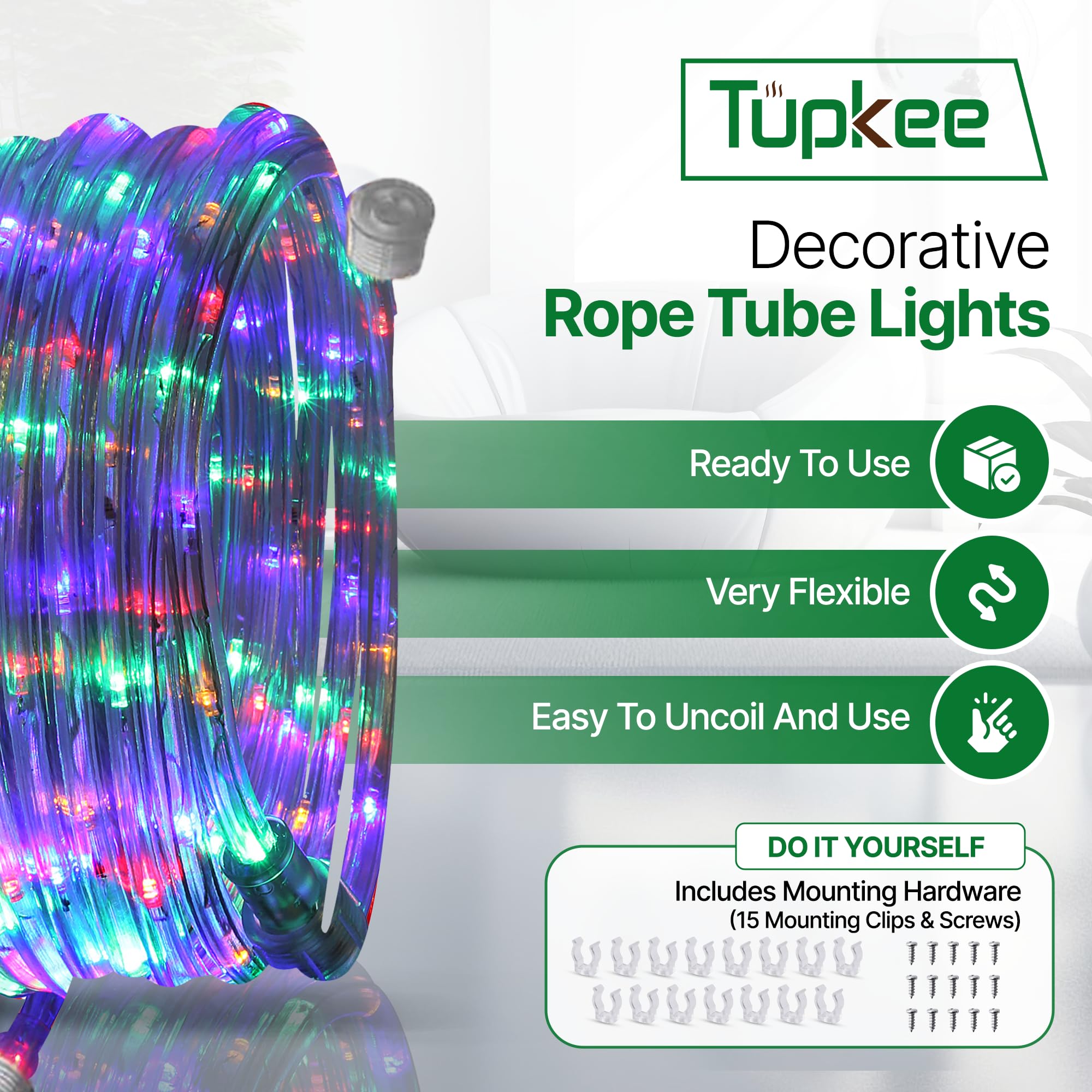 Tupkee LED Rope Light - Multi-Color, 24 Feet, 10MM Diameter, PVC Tube, Indoor/Outdoor Use, Model E237798