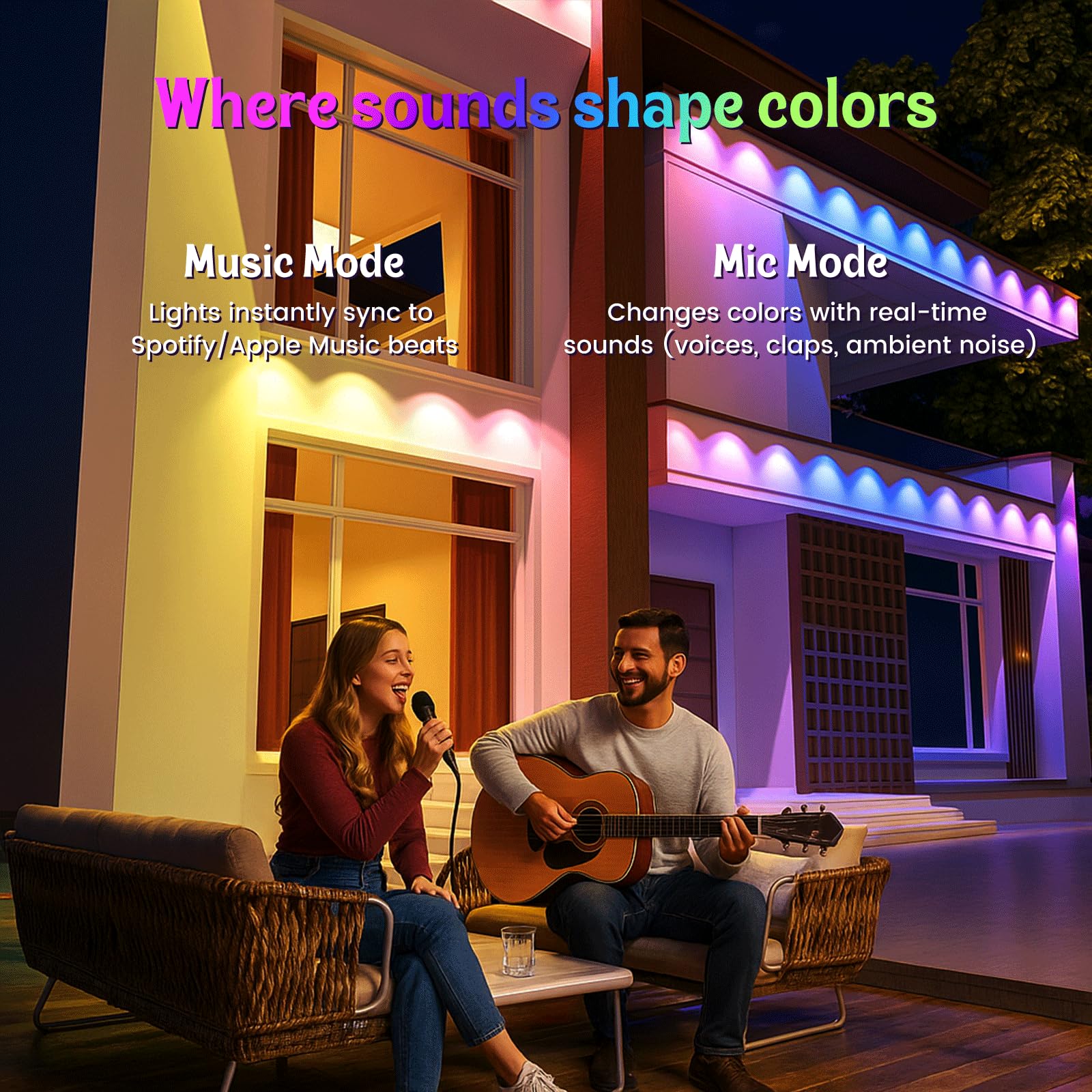 Fitop 150FT RGB Outdoor Lights - Smart Eaves Lighting, IP67 Waterproof, Music Sync, APP/Voice Control, Multicolor
