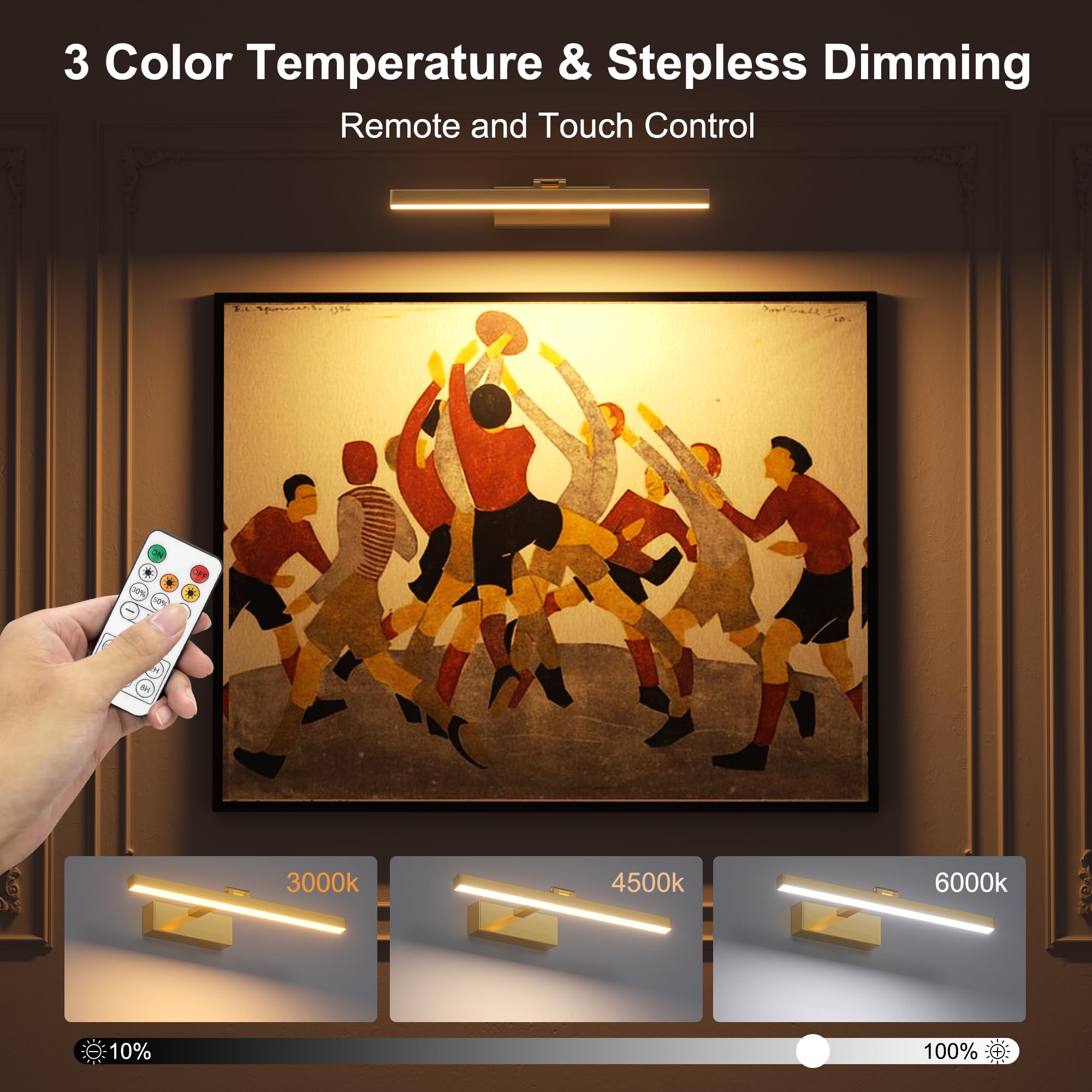 Aoceley 15.7in USB-C Rechargeable Wall Light, 10000mAh, 3CCT Dimmable, Remote/Touch Control, Battery Operated, Gold, Model