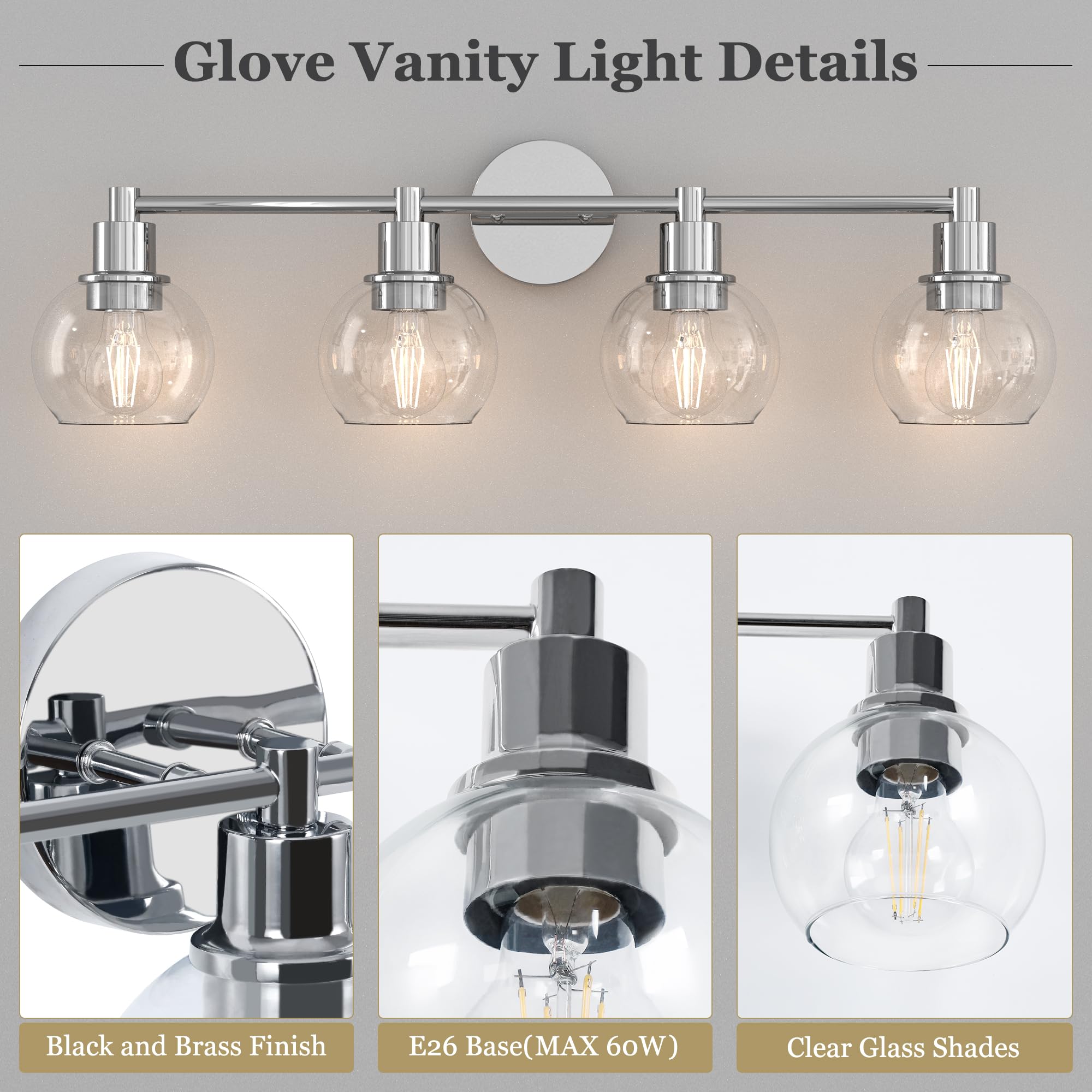 Espird 4-Light Bathroom Vanity Light Fixture, Polished Chrome Metal Wall Sconce, Model L02-4-GE, Industrial & Farmhouse Style