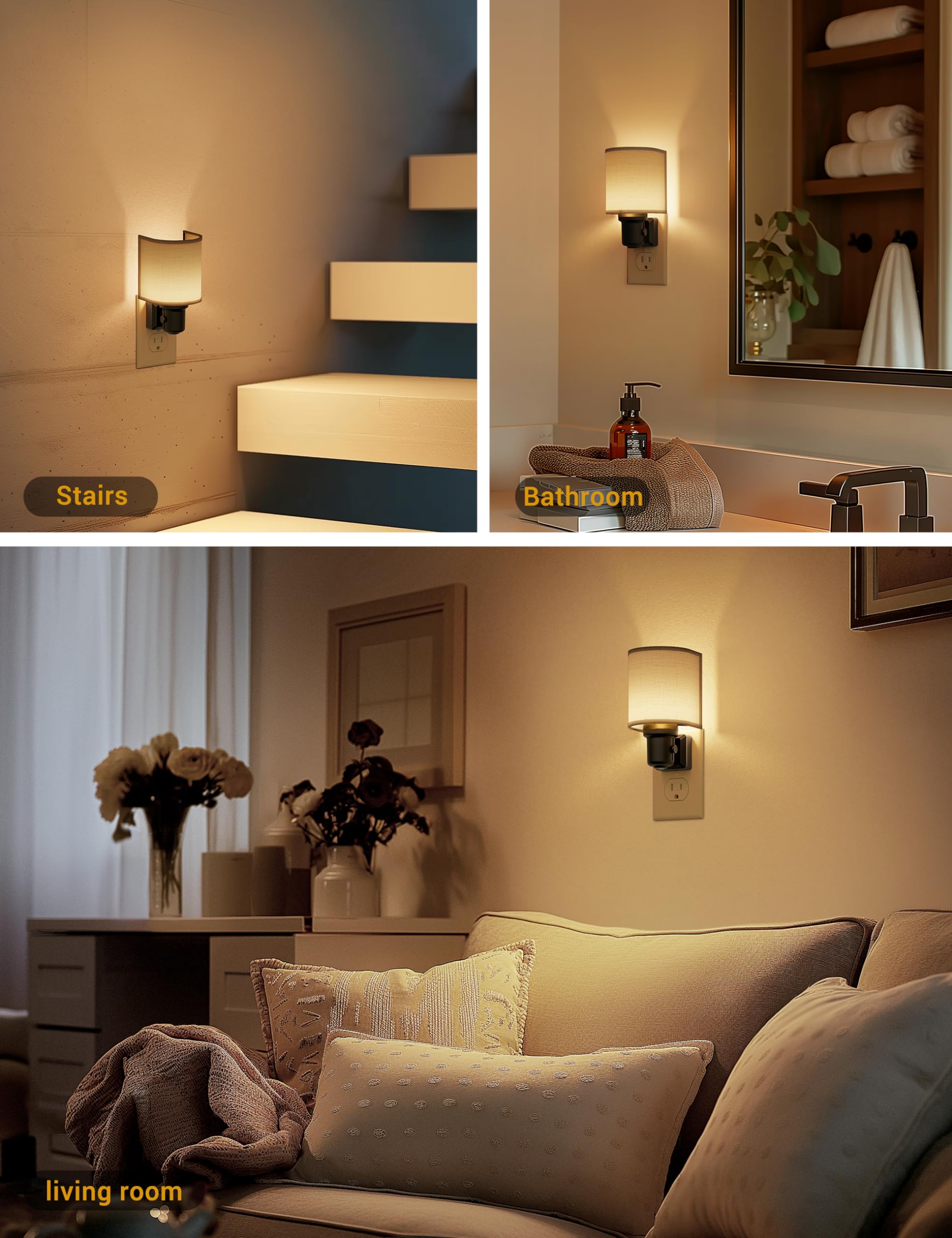 JandCase LED Night Light with Auto On/Off Sensor, Dimmable 0-100LM, Warm White 3000K, Plug-in Wall Light for Bedroom, Hallway, Bathroom
