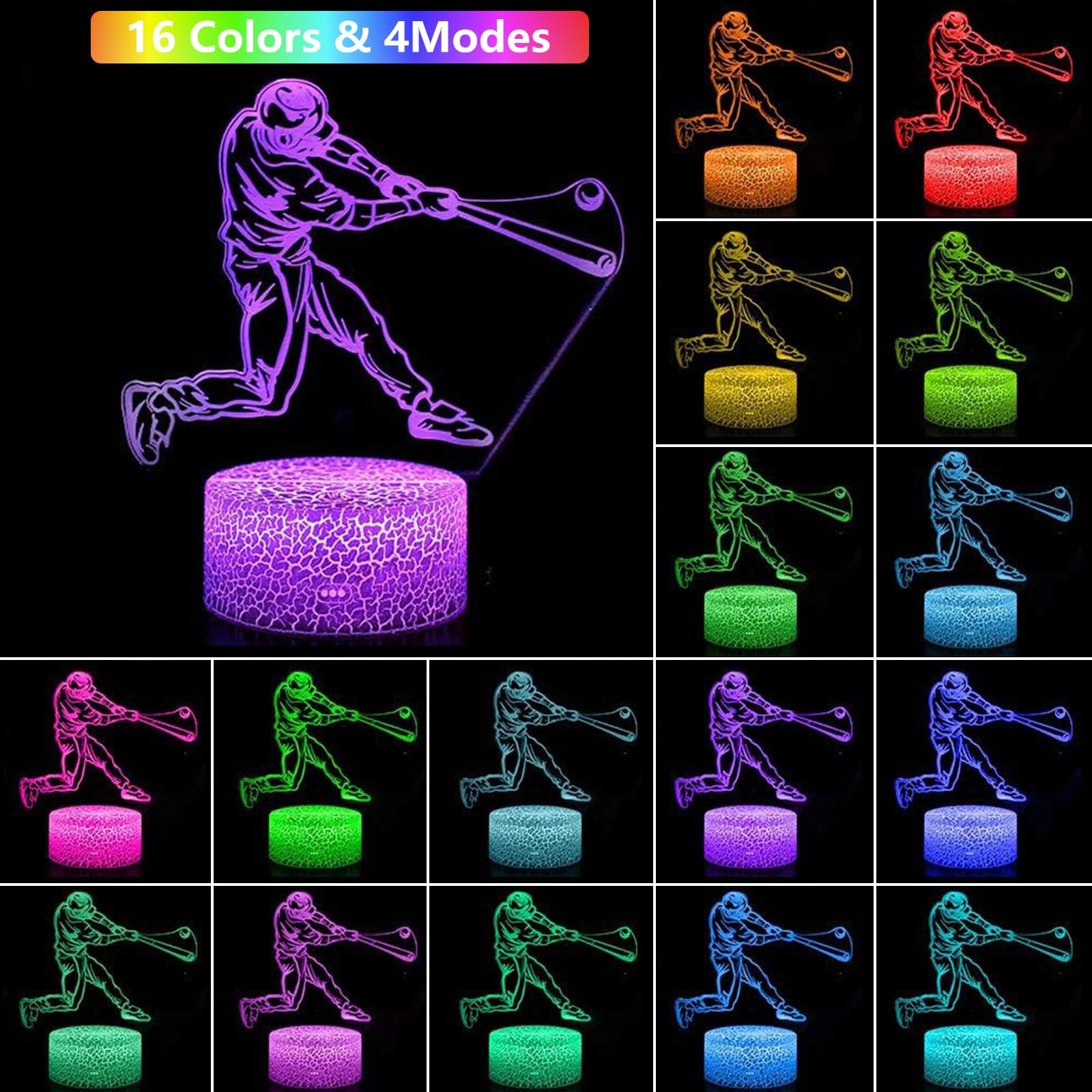 Caloogn Baseball Man 3D Night Light For Kids For Teens Boys Girls Birthday Christmas Gift,With Smart Touch And Remote Control,Mu