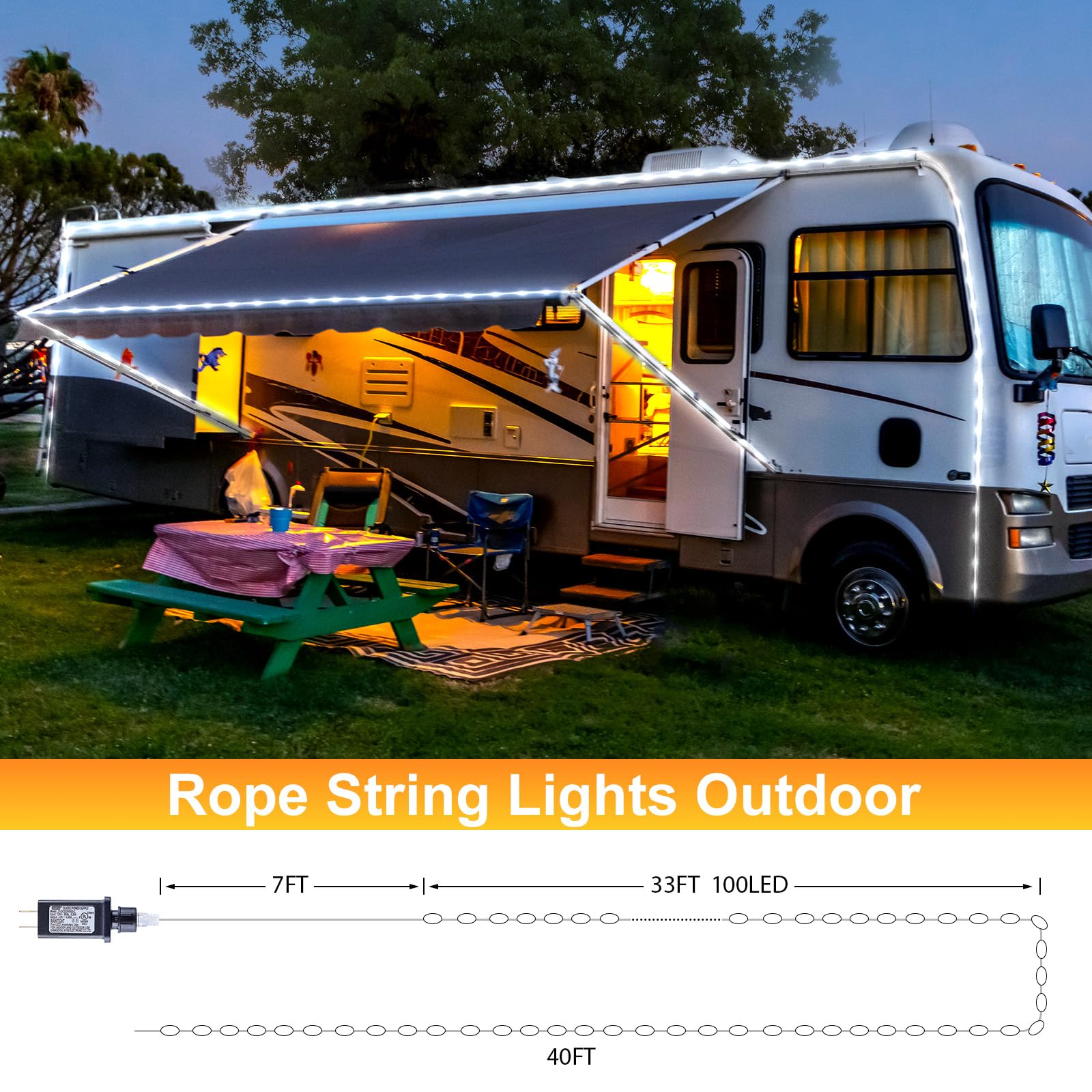 Minetom Rope Lights Outdoor, 33FT String Lights, 100 LED, Waterproof, Pure White