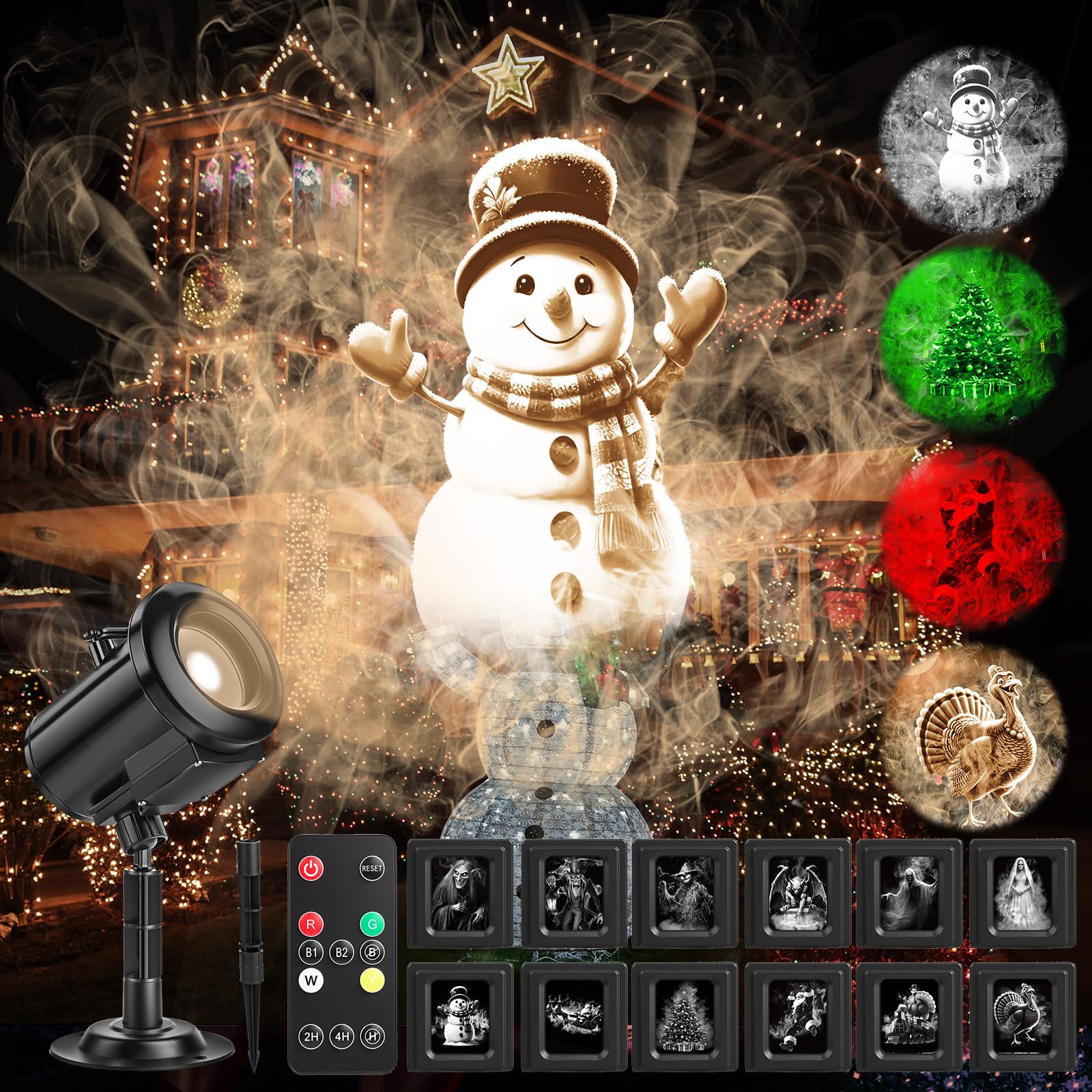 12 In 1 Christmas Thanksgiving Projector Light Outdoor  3D Dynamic Christmas Decoration 4 Color  Waterproof Projector Light With Thanksgiving Turkey Santa Joy Snowman For Home Window Holiday Decor