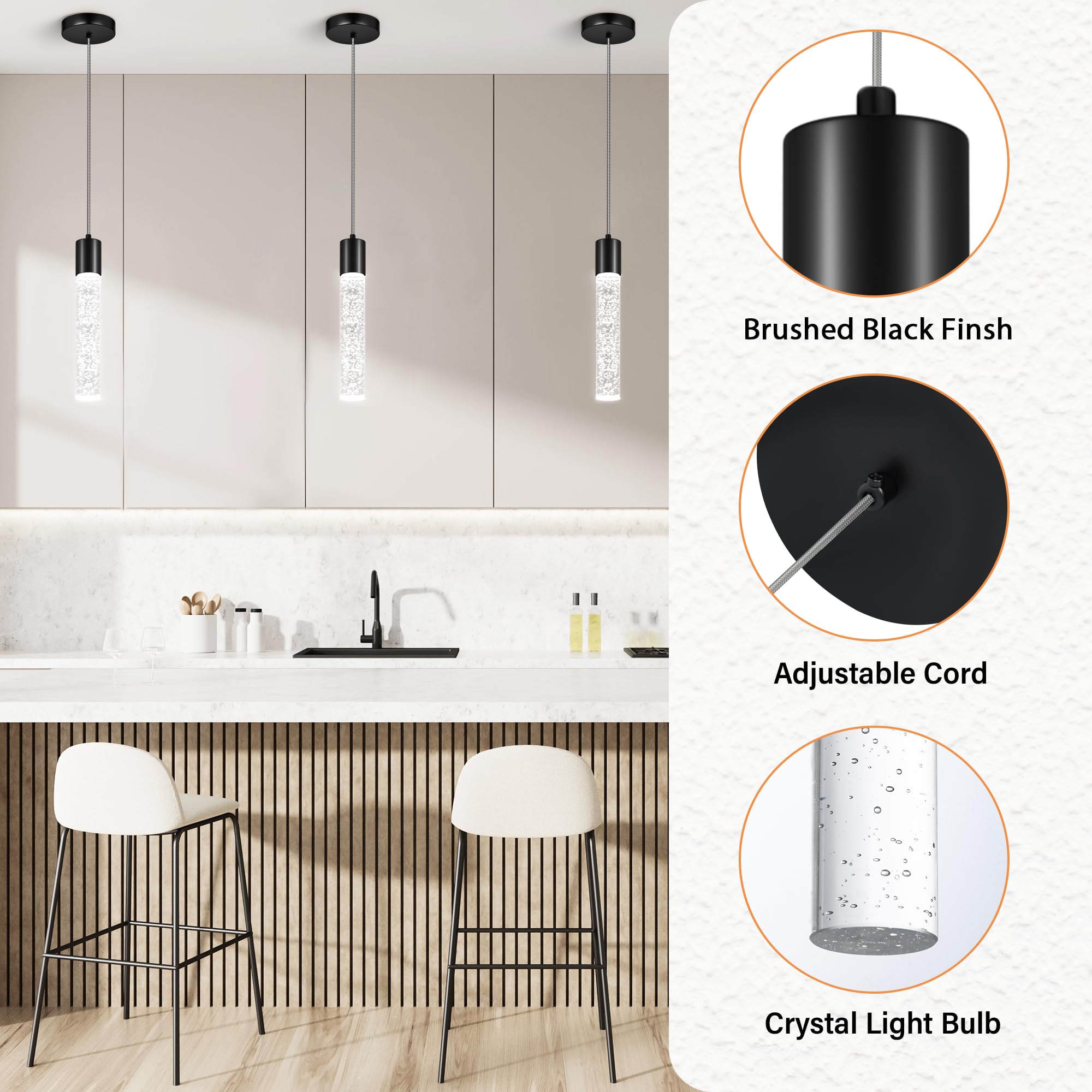 Esfos Kitchen Island Pendant Lights, 3 Pack Brushed Black Crystal Bubble, Integrated LED, Model L11-3-BK, 6500K