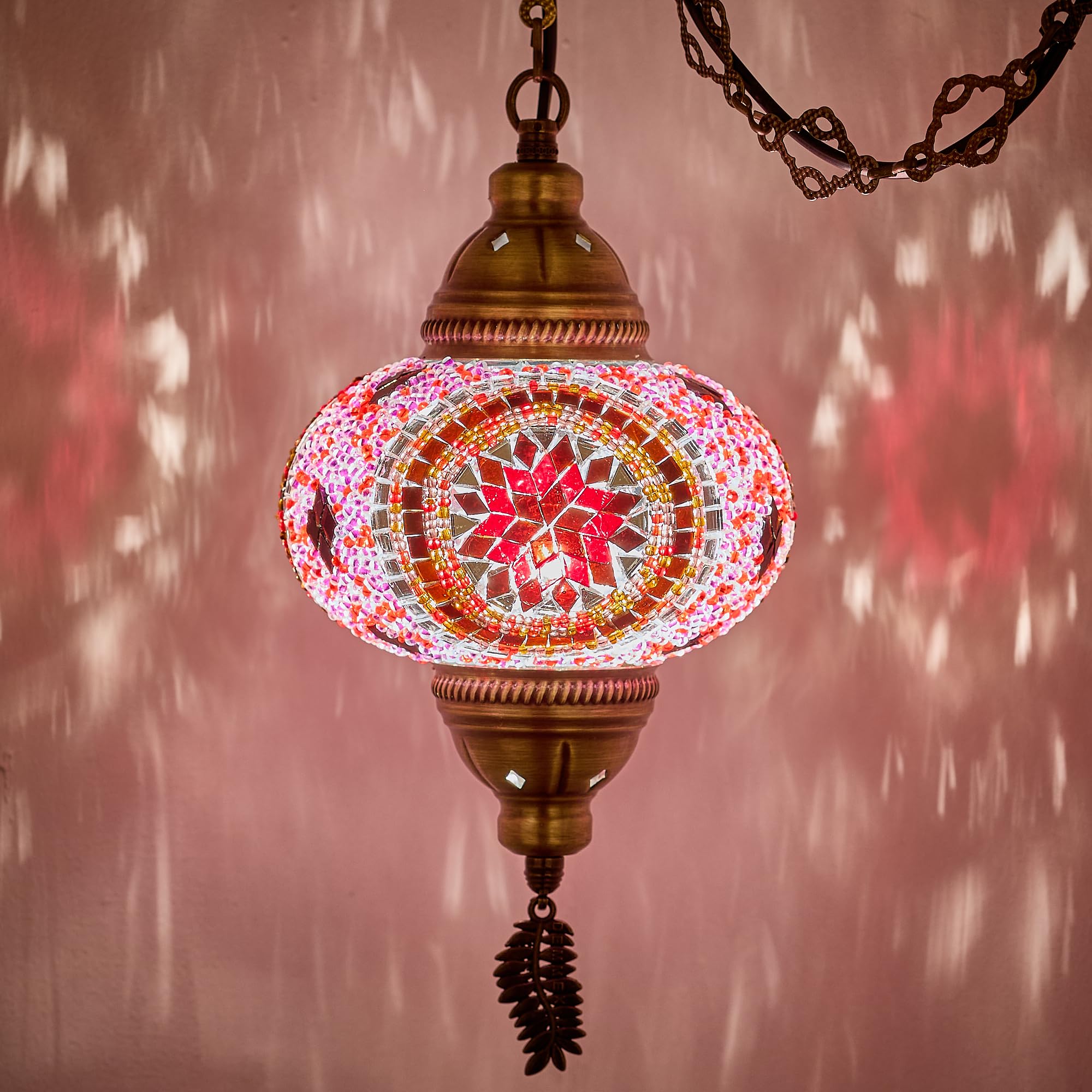 DEMMEX Plug-in Pendant Light – Handcrafted Glass Mosaic Fixture, Vintage Tiffany Style, 15ft Cord, Pink - Red, Model: DEMMEXSWAG1