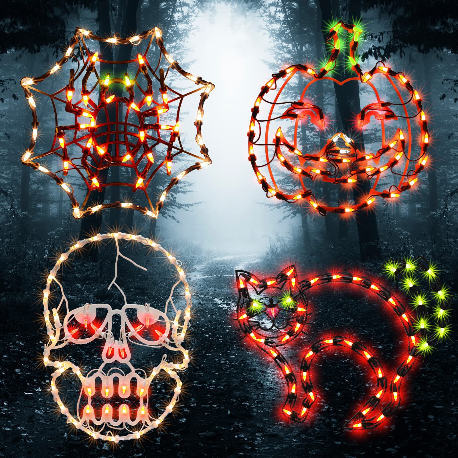 JUSTPRO Lighted Spider, BAT, Happy Halloween,Boo Halloween Window Silhouette Decoration,Halloween Lighted Window Decoration,Hanging Light Up Holiday Ornament
