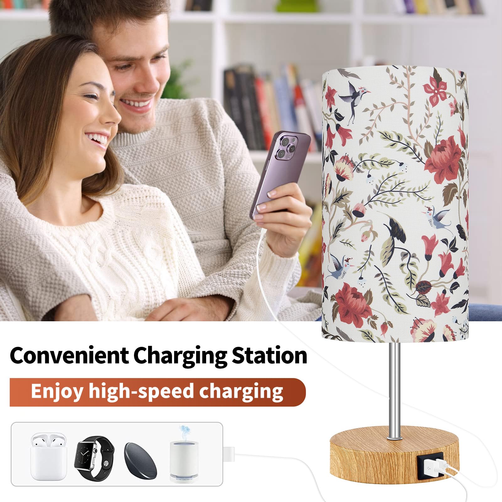 Bedside Touch Lamp, Wood Small Table Lamp With 2 Usb Charging Ports & Flower Fabric Shade, 3-Way Dimmable Nightstand Lamps For L