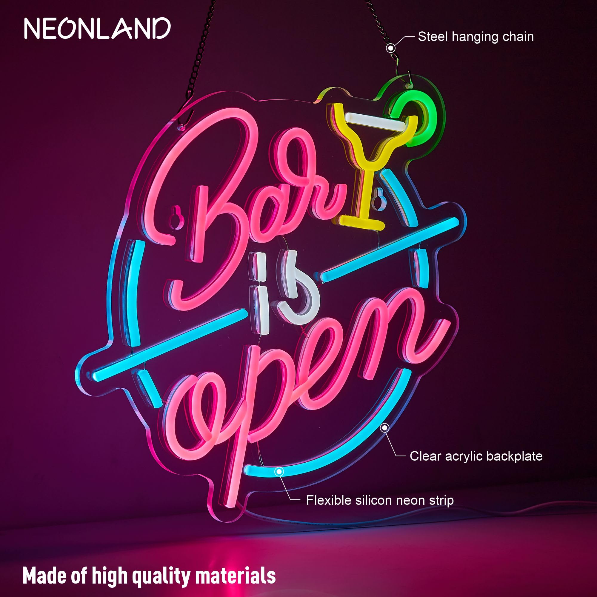 NEONLAND Bar Open Neon Sign LED Light for Wall Decor, Dimmer, 14.2inx13in, Pink/Blue/Yellow, Model: NEONLAND Bar is open