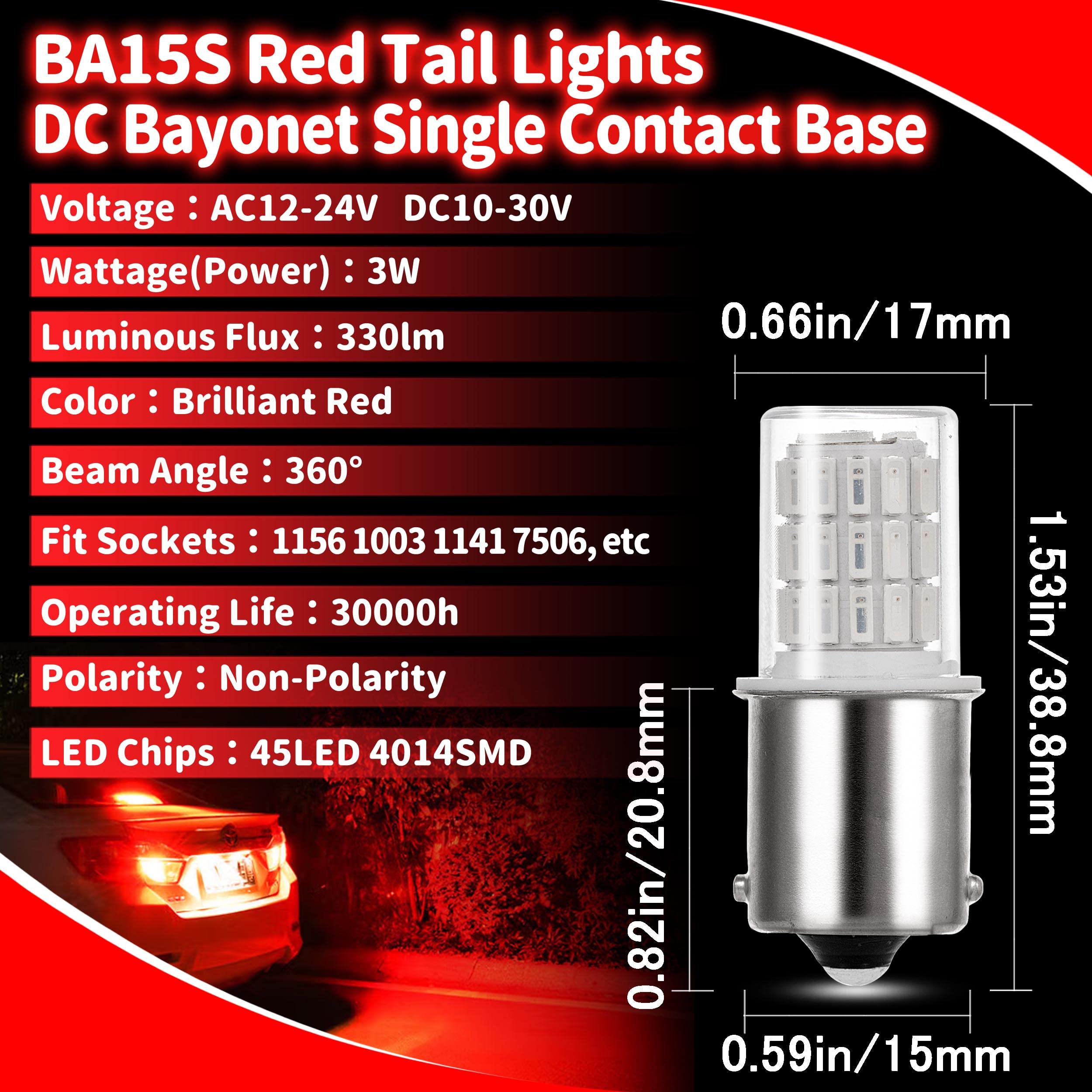 Ziomitus 12V LED Bulbs, BA15S, 1156 Red, for Brake/Tail/Turn Signal Lights, 4-Pack