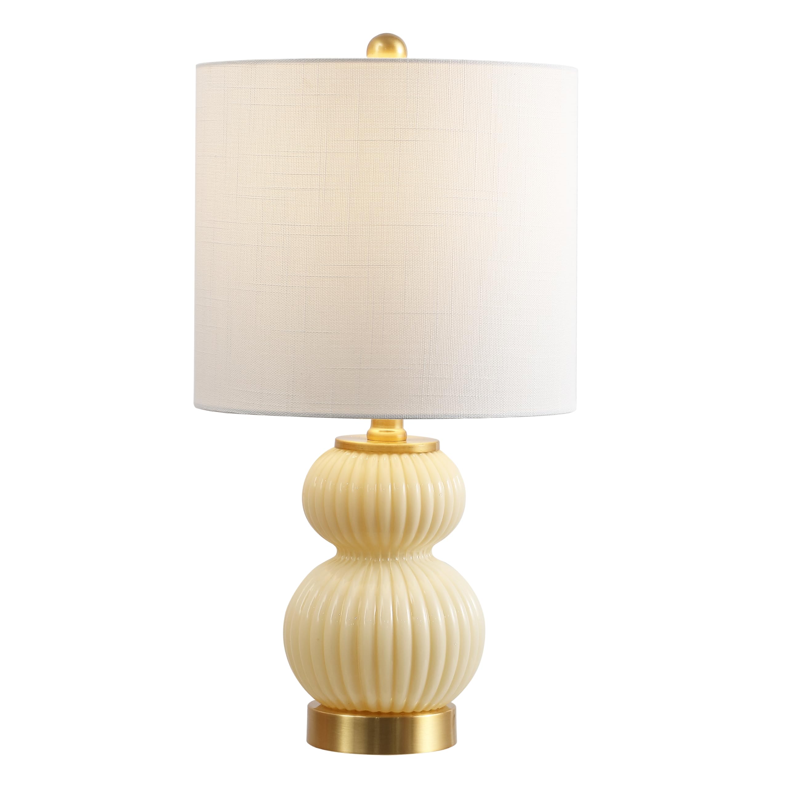 JONATHAN Y 20 Ivory/Brass Gold Ribbed Gourd Glass Table Lamp, Modern Bedside Lamp for Bedroom Living Room, White Linen Drum Shad