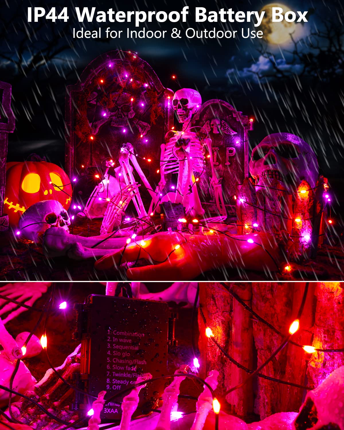 Brizled Halloween Lights, 50 LED, 17.38ft, Battery Operated, Timer, 8 Modes, Black Wire, Purple & Orange, Indoor Outdoor Decor