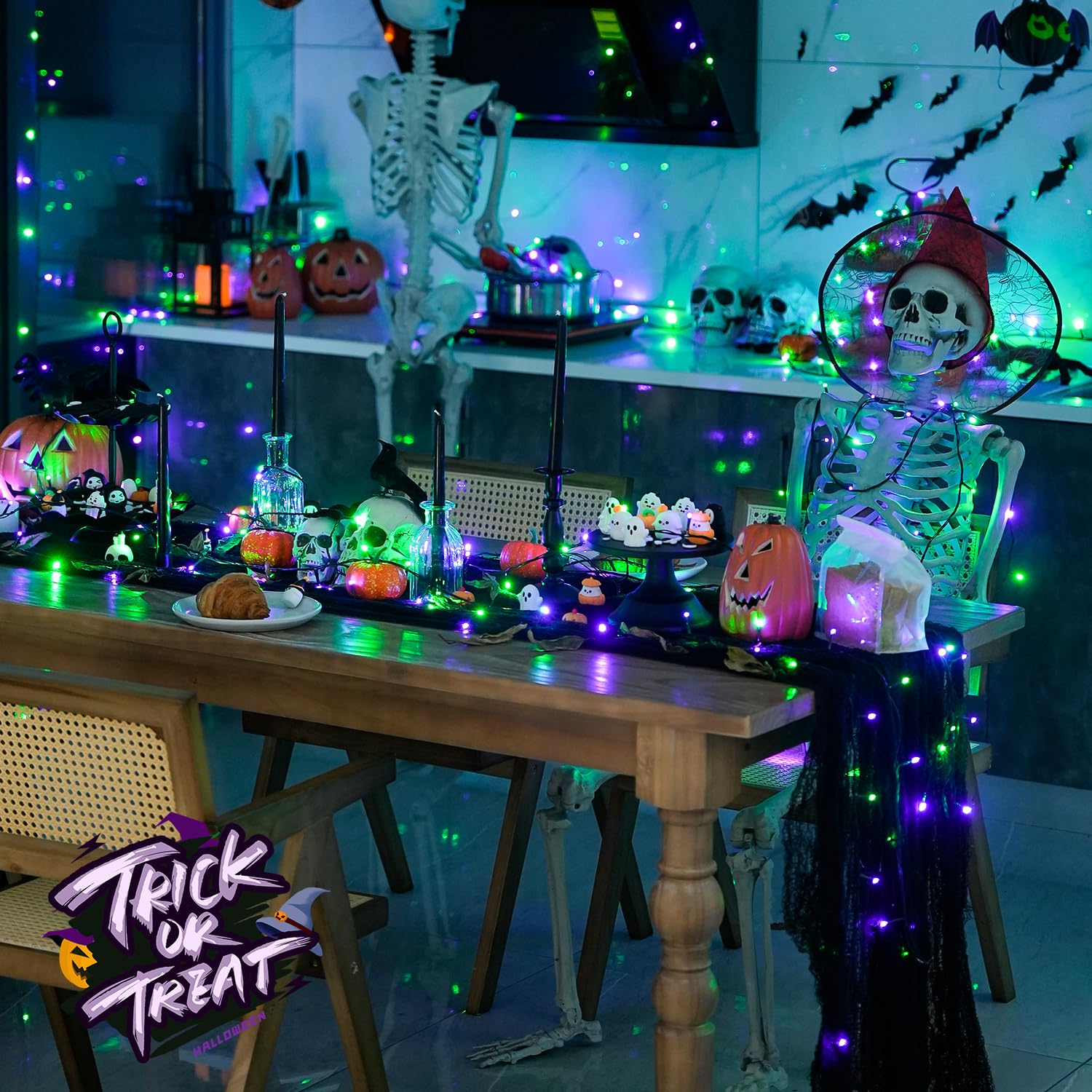 JMEXSUSS 250 LED String Lights - Purple & Green, Waterproof, 8 Modes, Model EXS-S-0250, Ideal for Outdoor Party and Halloween Decorations