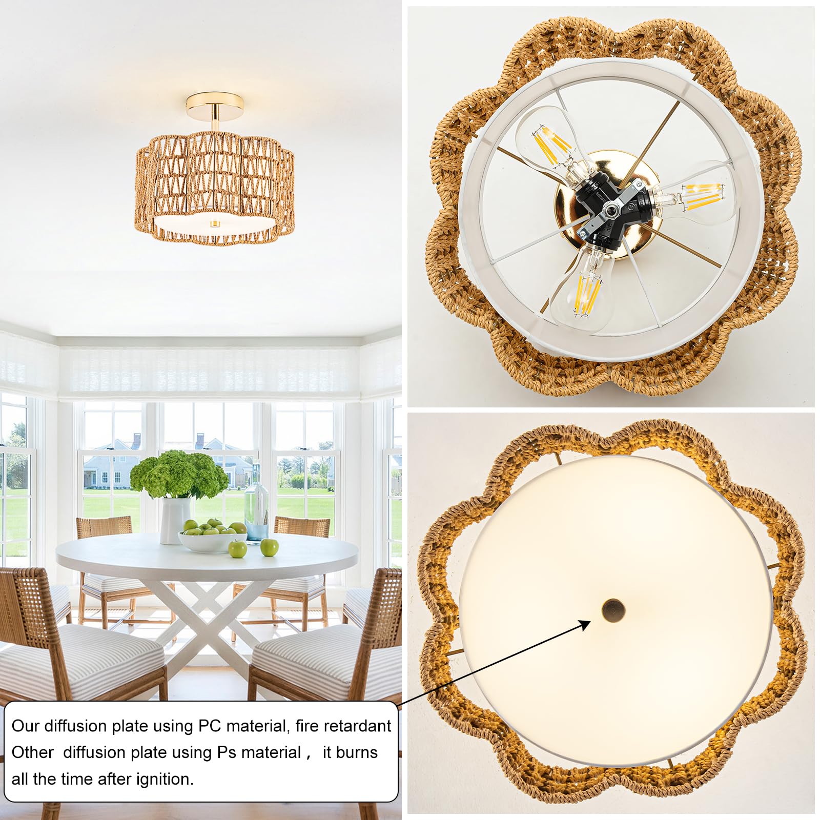 Tbaoinla Bedroom Light Fixture Boho Light Fixture - 3-Light Gold Light Fixture Rattan Light Fixture For Lights For Bedroom Hallway Dining Room Farmhouse Kitchen& Home Decor Plum Flower Design