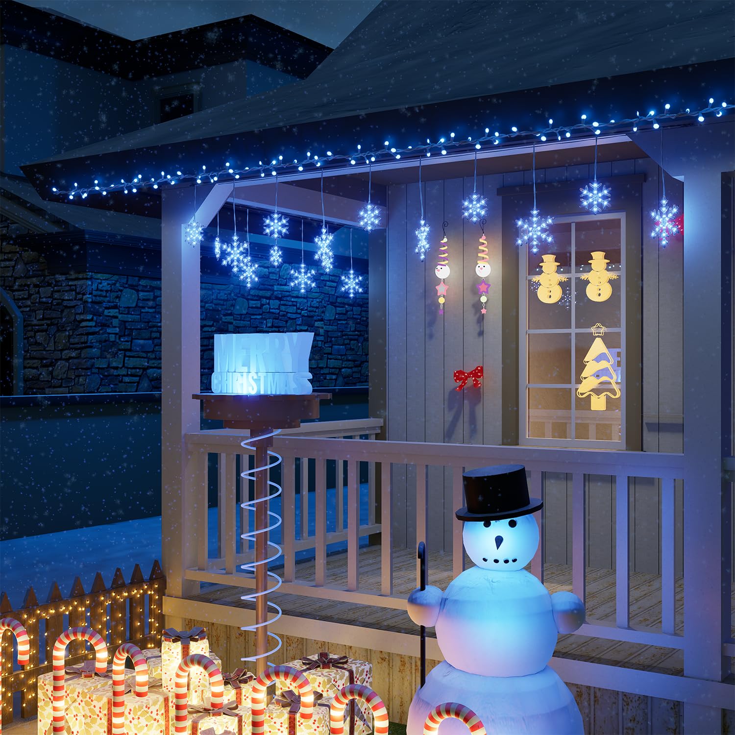 Beatineon Christmas Snowflake String Lights 9Ft 150 Leds Icicle Lights With 10 Drops For Indoor Outdoor Decoration Waterproof Co
