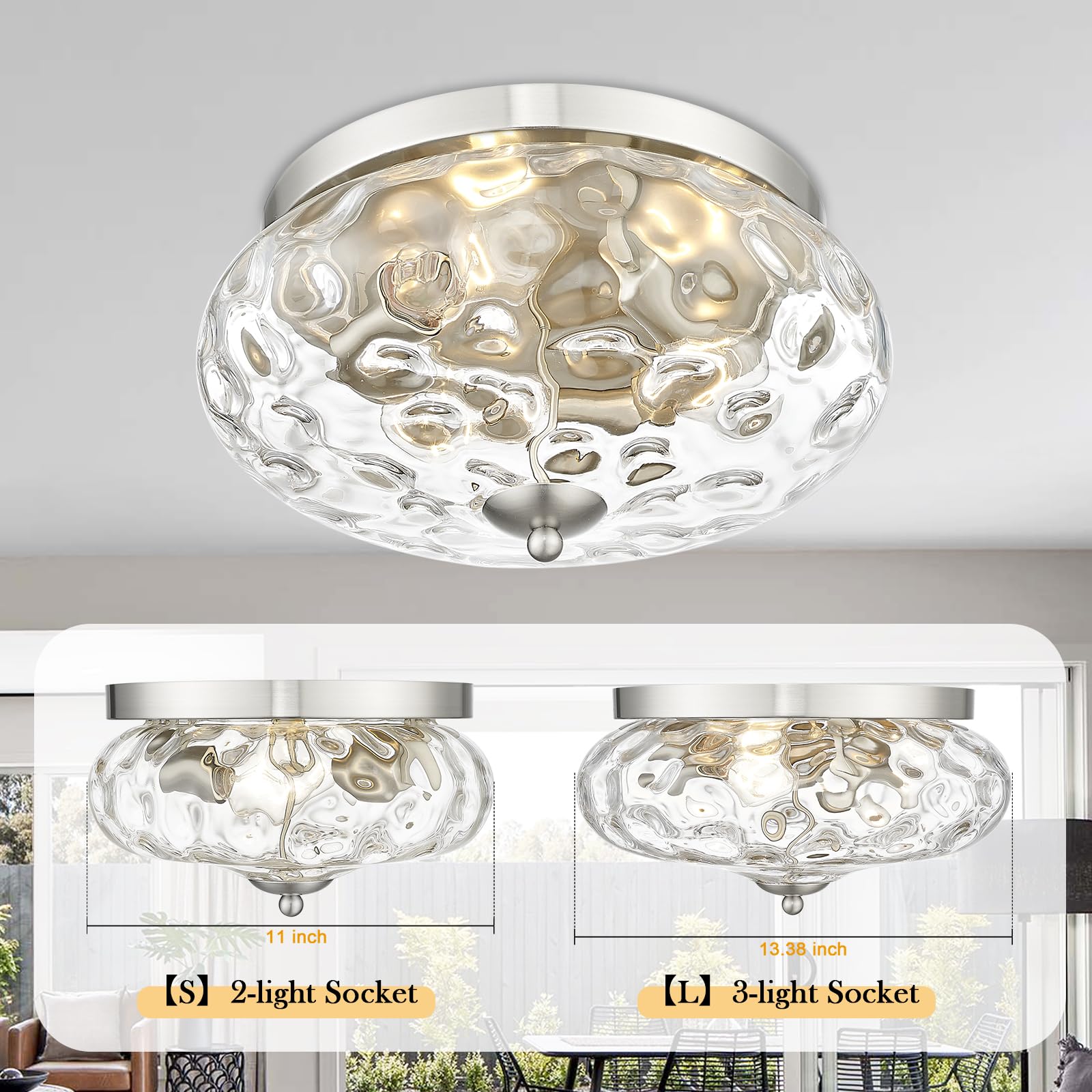 Darkaway Large Ceiling Light Fixtures 3-Ight Flush Mount Indoor Outdoor Ceiling Light With Water Ipple Glass Shade For Kitchen B