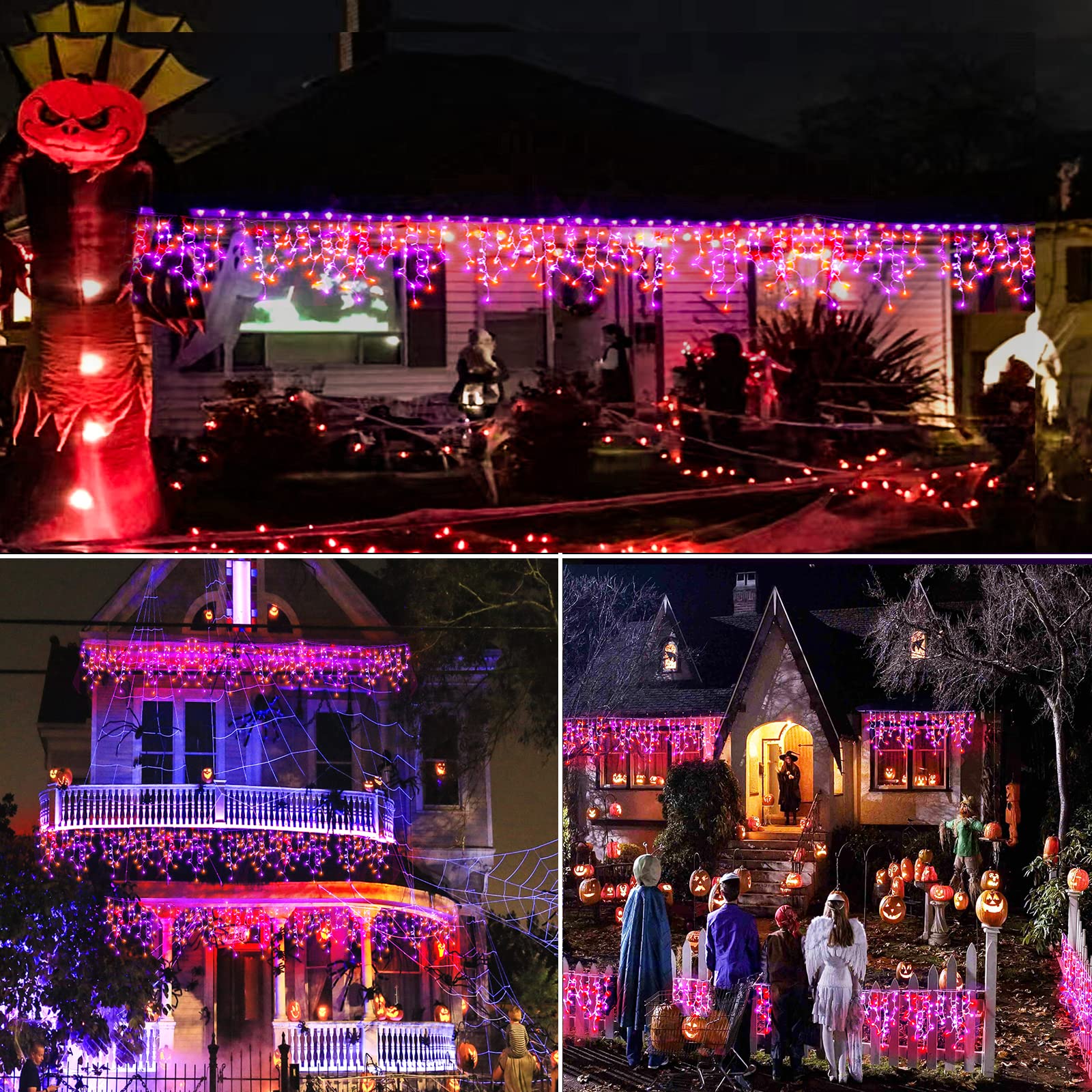 Xmasbokeh 66Ft 640 Led Christmas Lights Outdoor, Purple Orange Icicle String Lights With 8 Modes 120 Drops Waterproof, Plug In Curtain String Lights For Indoor House Room Patio Party Decorations