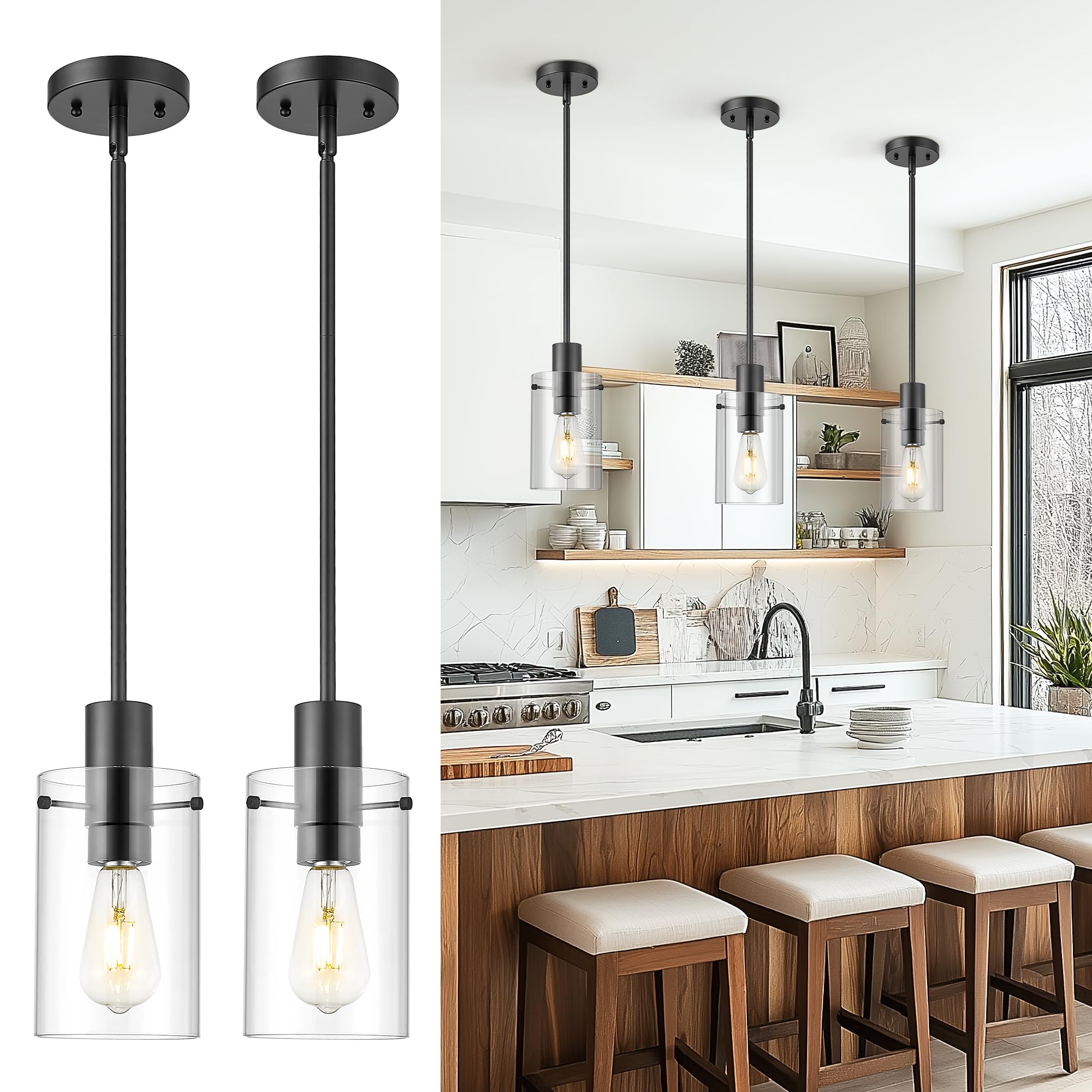 Emak Black Pendant Lights Kitchen Island, 2 Pack 5 Inch Pendant Light Fixtures with Clear Glass Shade, Modern Farmhouse Island L