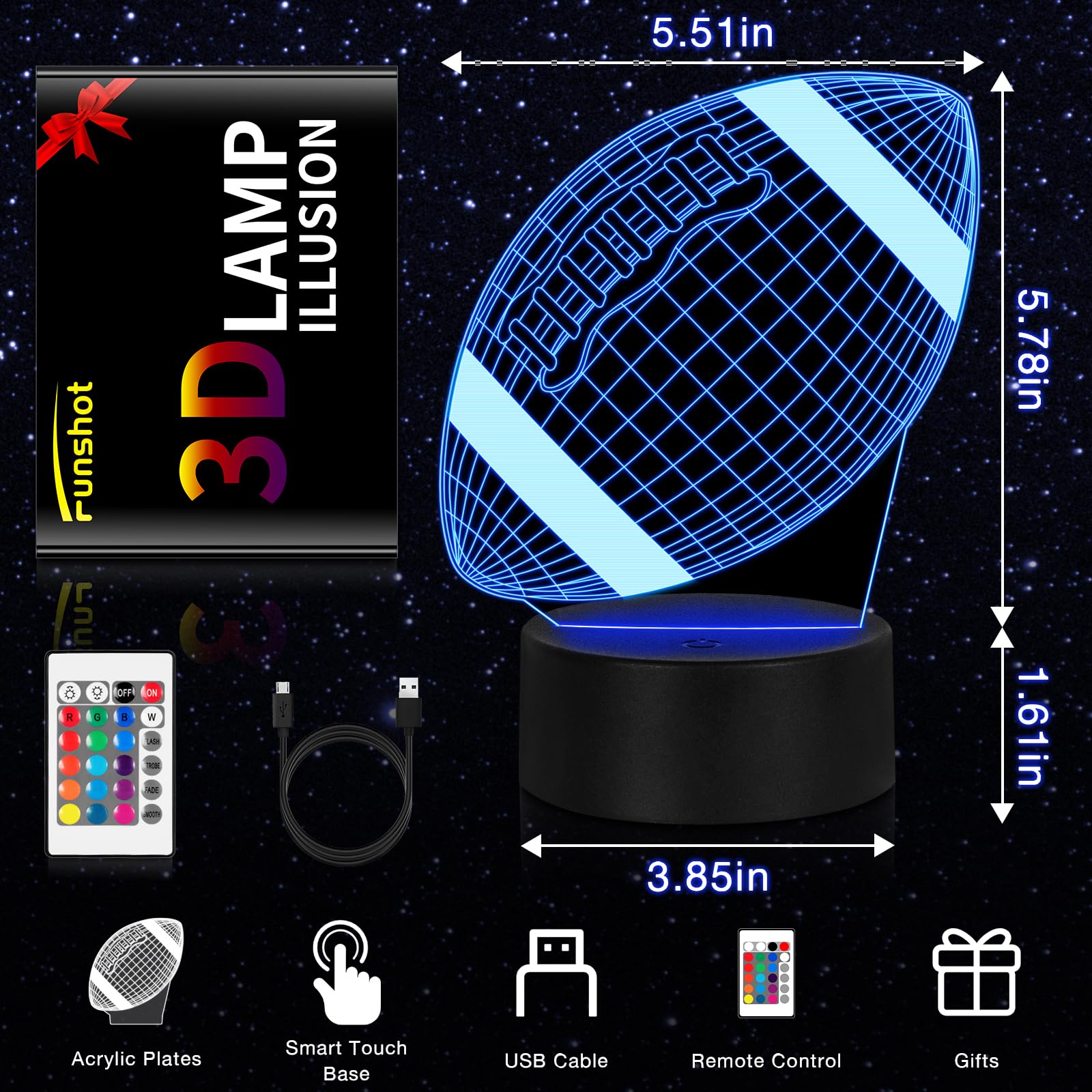 Funshot Football Night Light For Boys Room, Boys Football Gifts,Football Lamp Birthday Gifts, Football Room Decor, 16 Colors 4 L