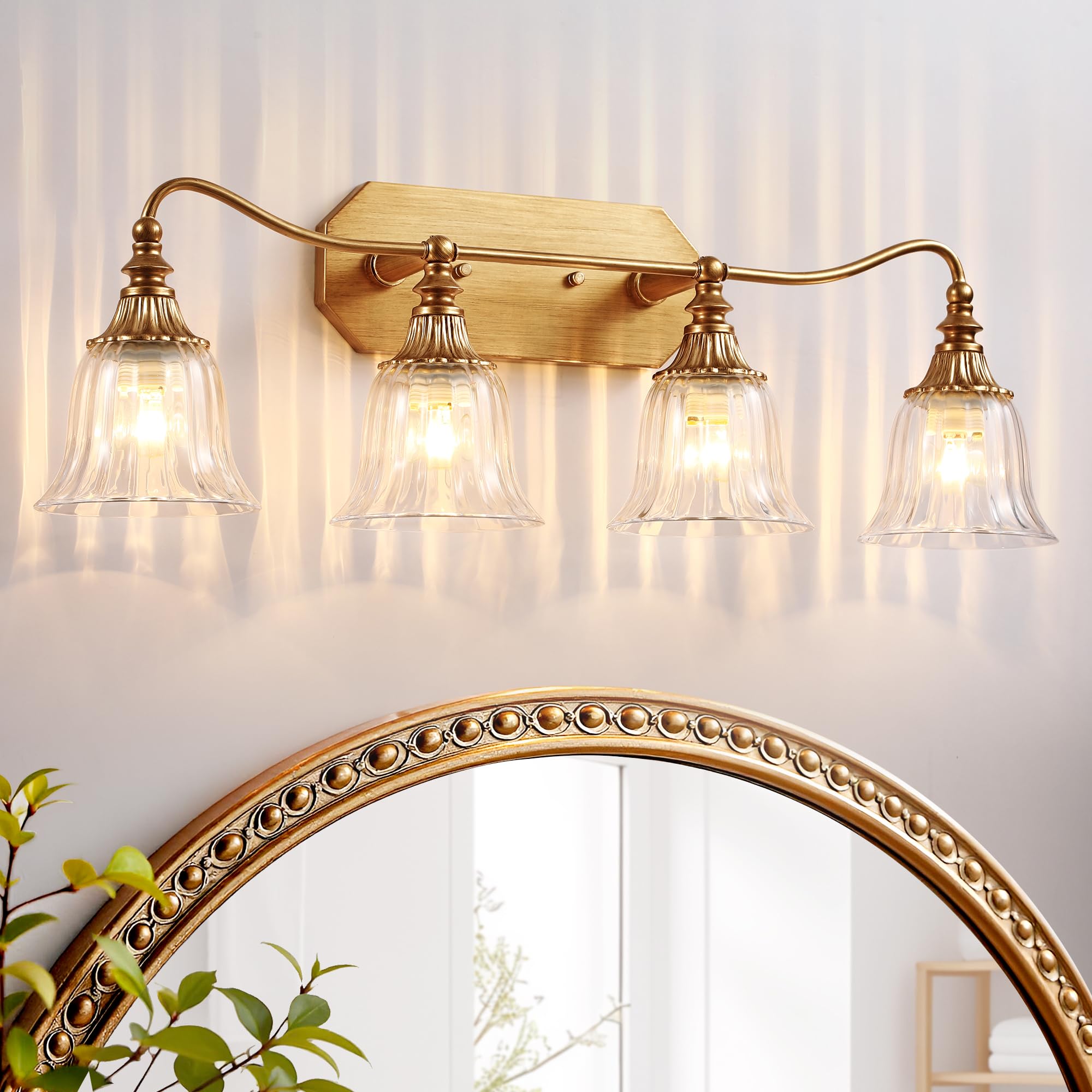 Lmnlvn Bathroom Vanity Gold Light Fixture  4 Lights Bathroom Lighting Matte Antique Brass Finish With Crystal Glass Shade  Gold Vintage Vanity Light For Bathrooms