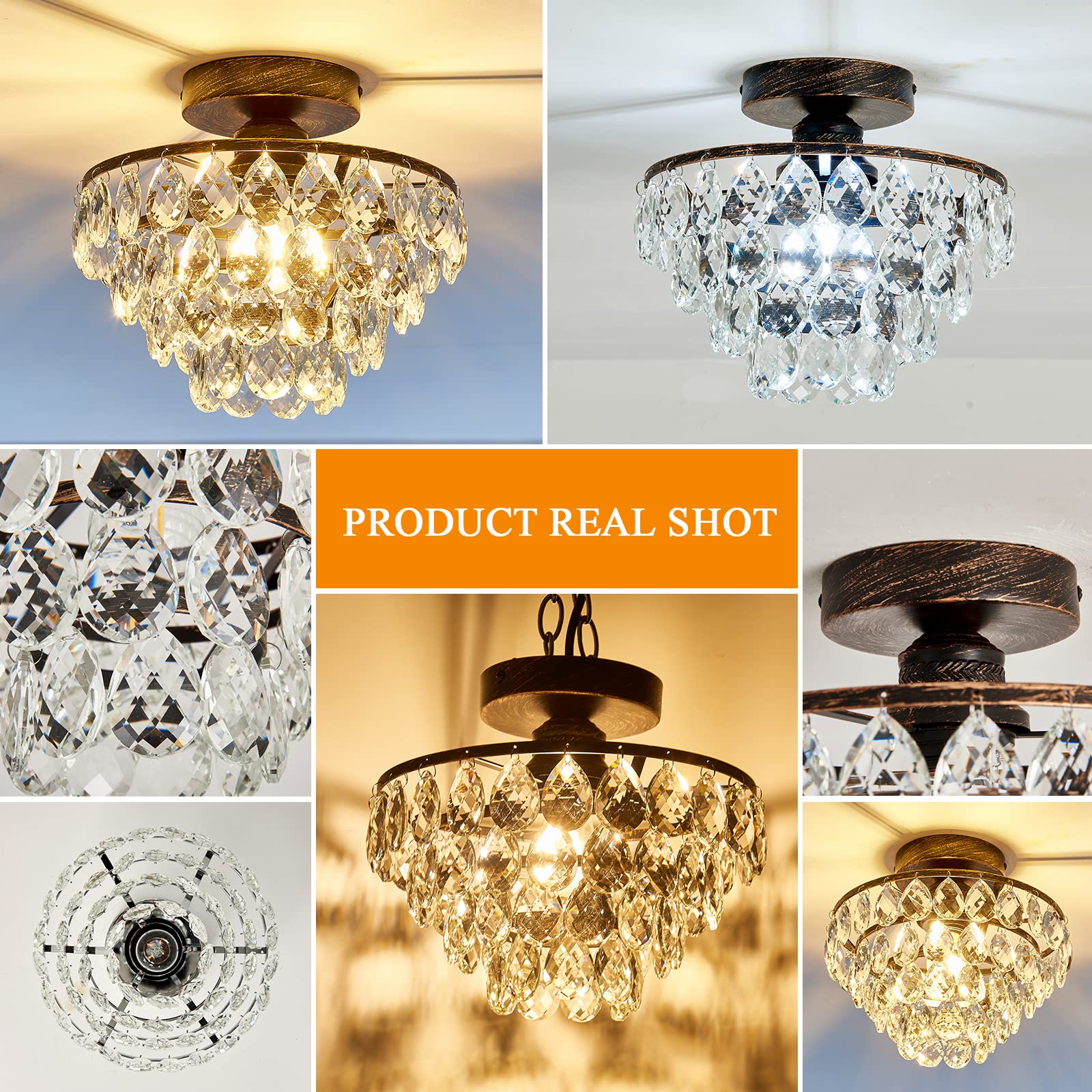 Yyjlx Crystal Chandelier,Modern Semi Flush Mount Small Ceiling Light Oil Rubbed Bronze,Mini E26 Ceiling Lamp For Hallway Bedroom